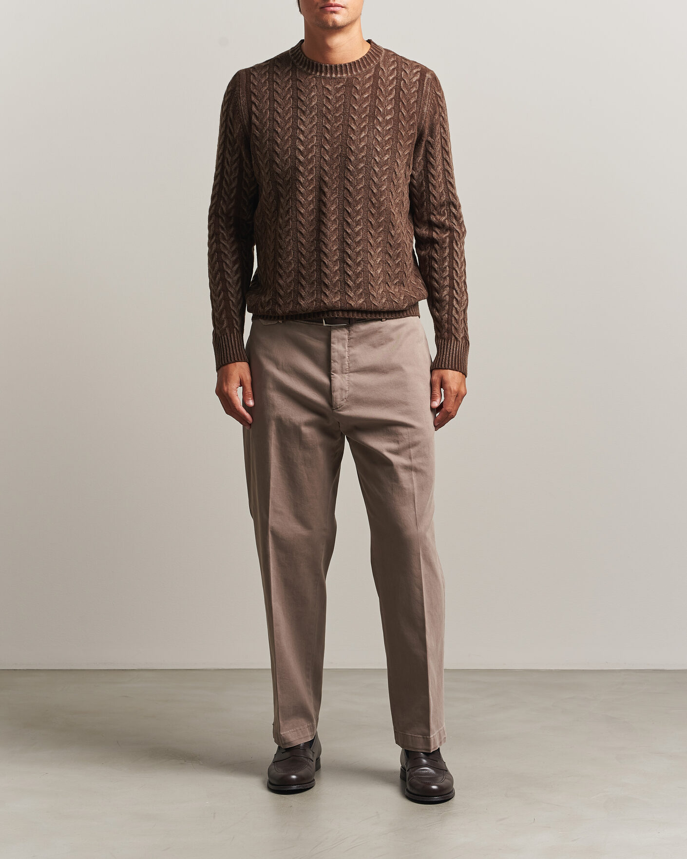 Heren | Truien | Morgano | Cable Knitted Brushed Dyed Wool Crew Brown