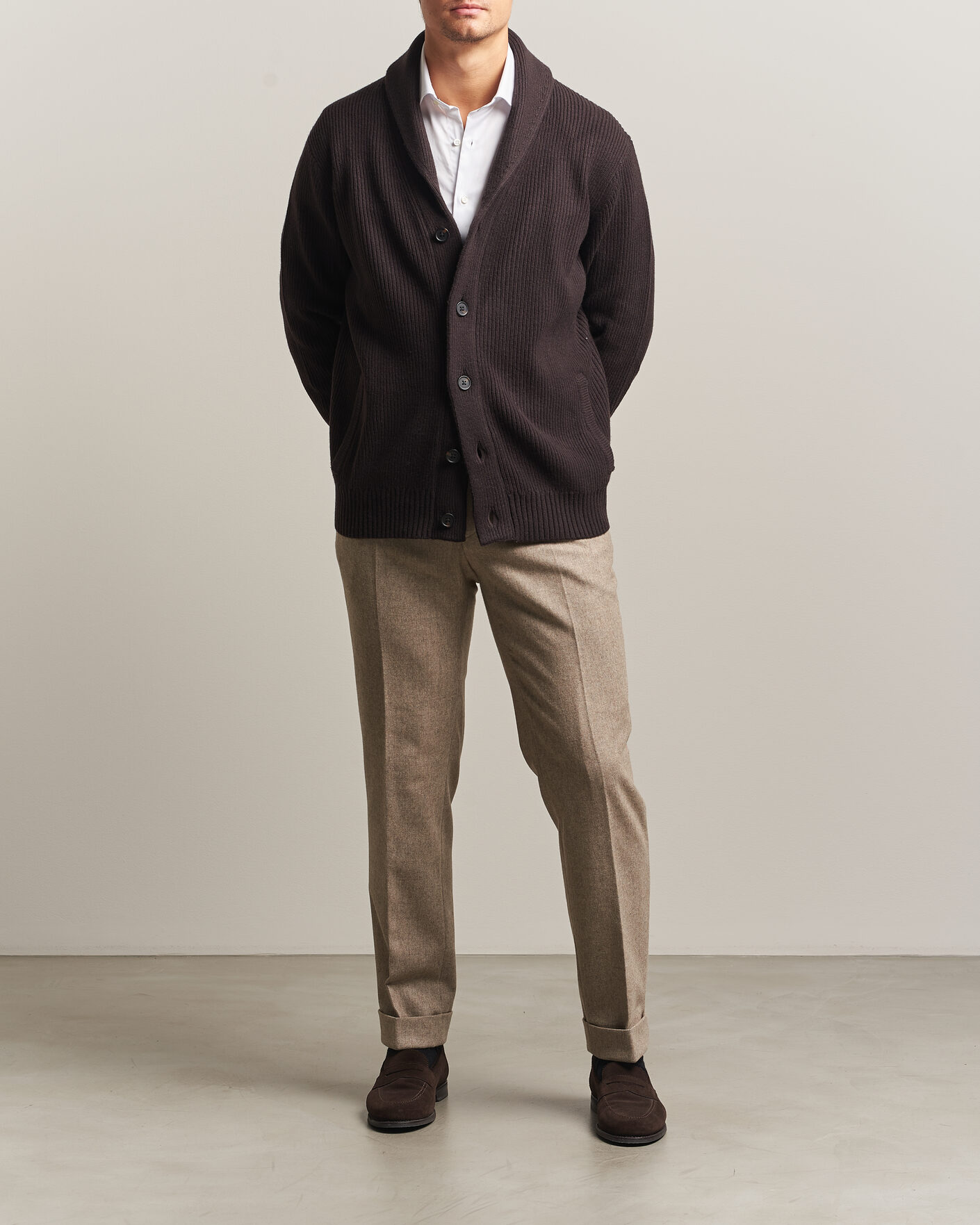 Heren | Truien | Charles Tyrwhitt | Chunky Merino Shawl Neck Cardigan Chocolate