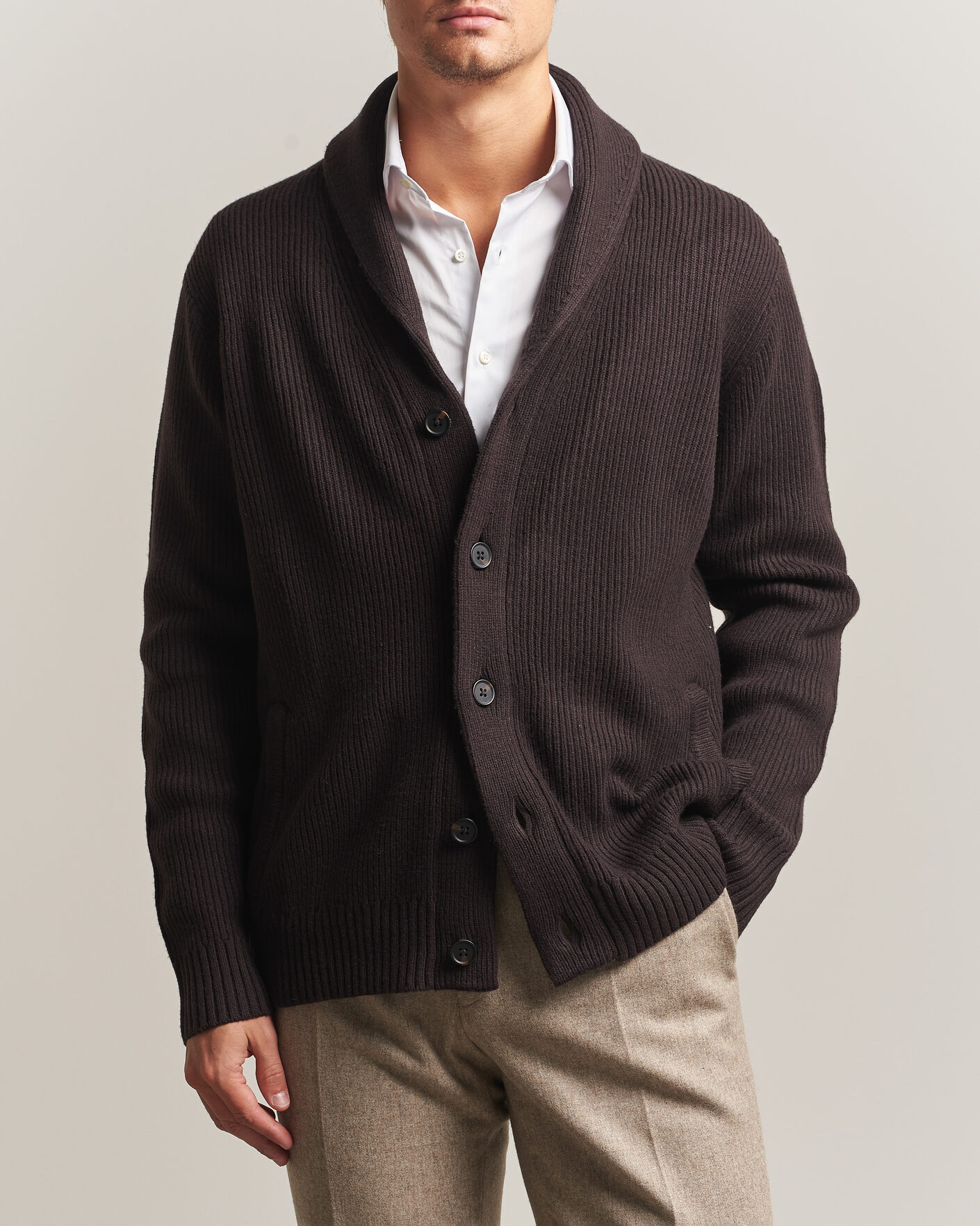 Heren | Truien | Charles Tyrwhitt | Chunky Merino Shawl Neck Cardigan Chocolate