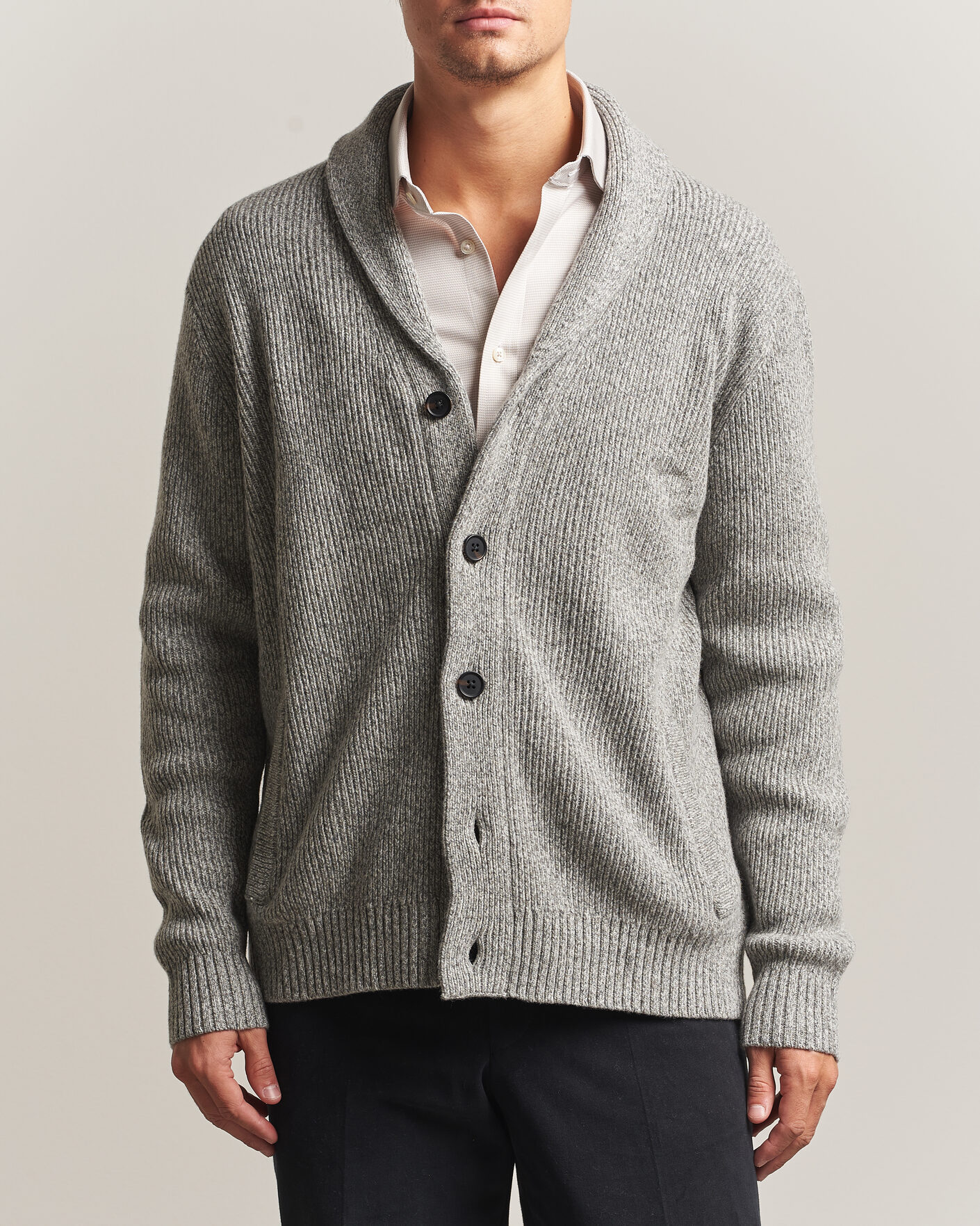 Heren | Truien | Charles Tyrwhitt | Chunky Merino Shawl Neck Cardigan Grey