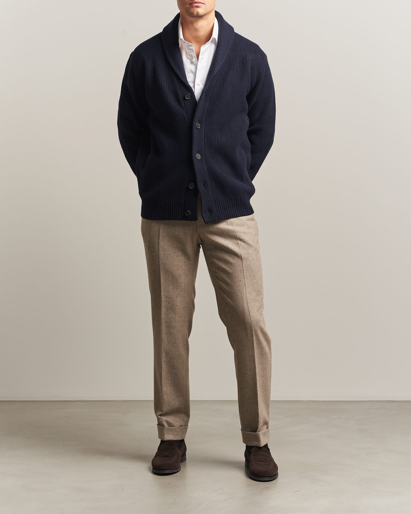 Heren | Truien | Charles Tyrwhitt | Chunky Merino Shawl Neck Cardigan Navy