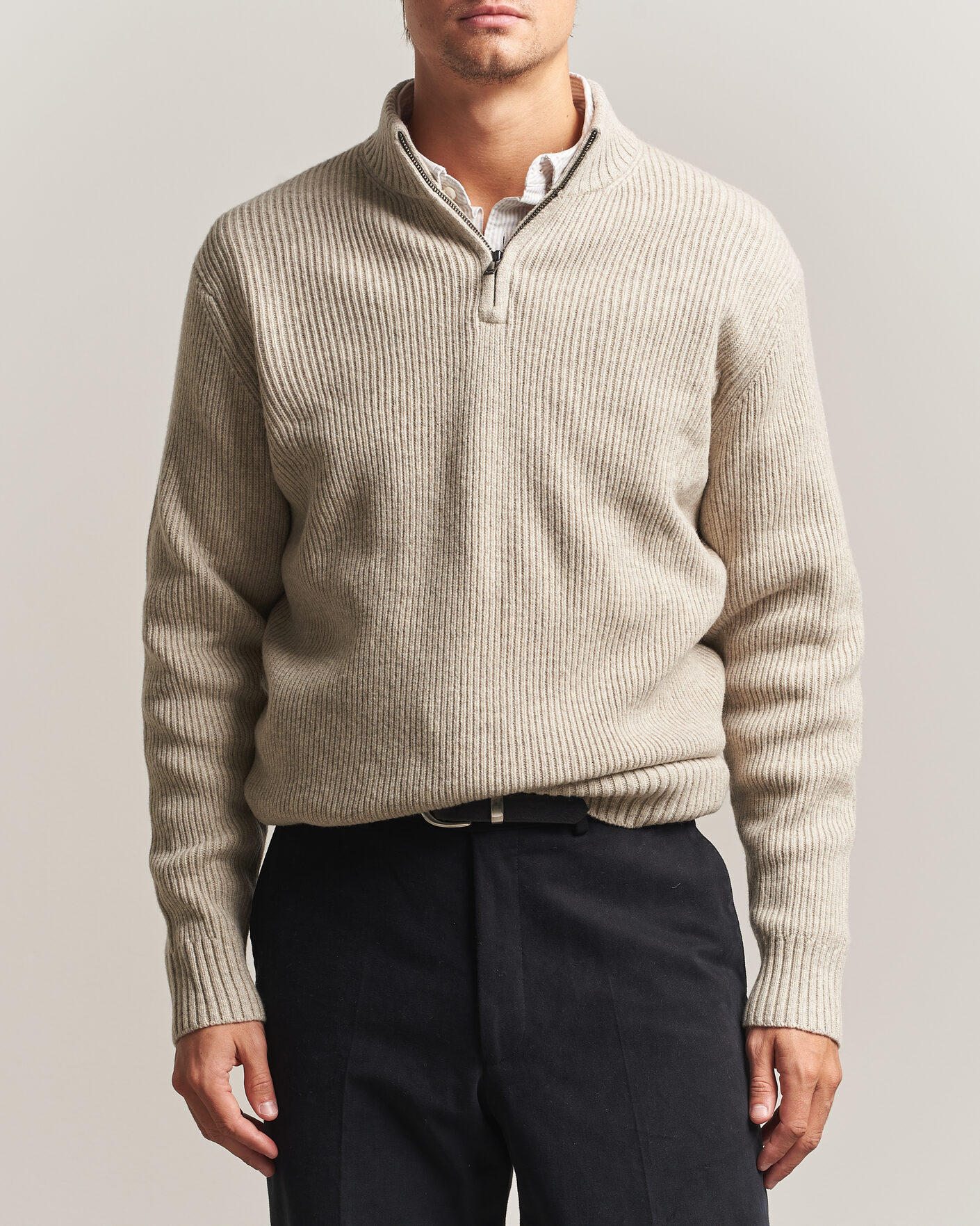 Heren | Truien | Charles Tyrwhitt | Chunky Merino Zip Neck Oat