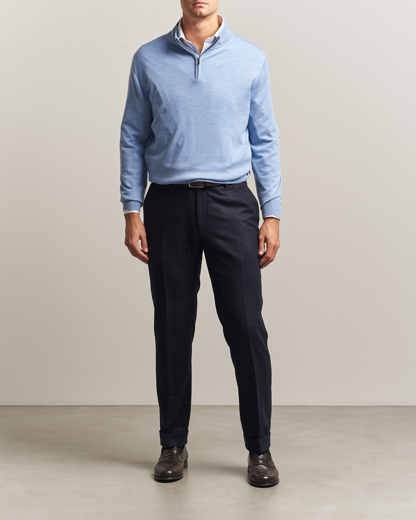 Heren | Truien | Charles Tyrwhitt | Pure Merino Zip Neck Jumper Cornflower Blue
