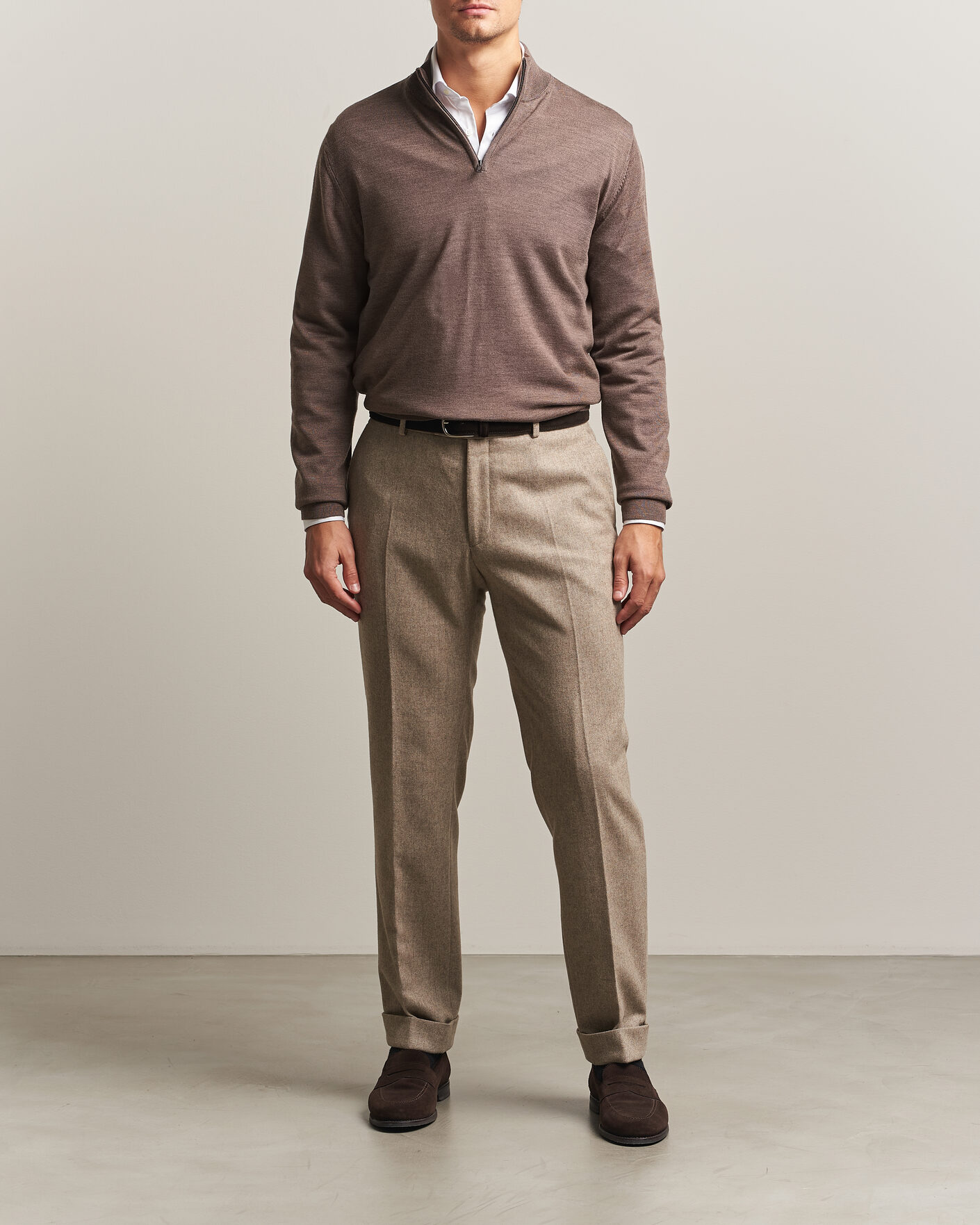 Heren | Truien | Charles Tyrwhitt | Pure Merino Zip Neck Jumper Mocha