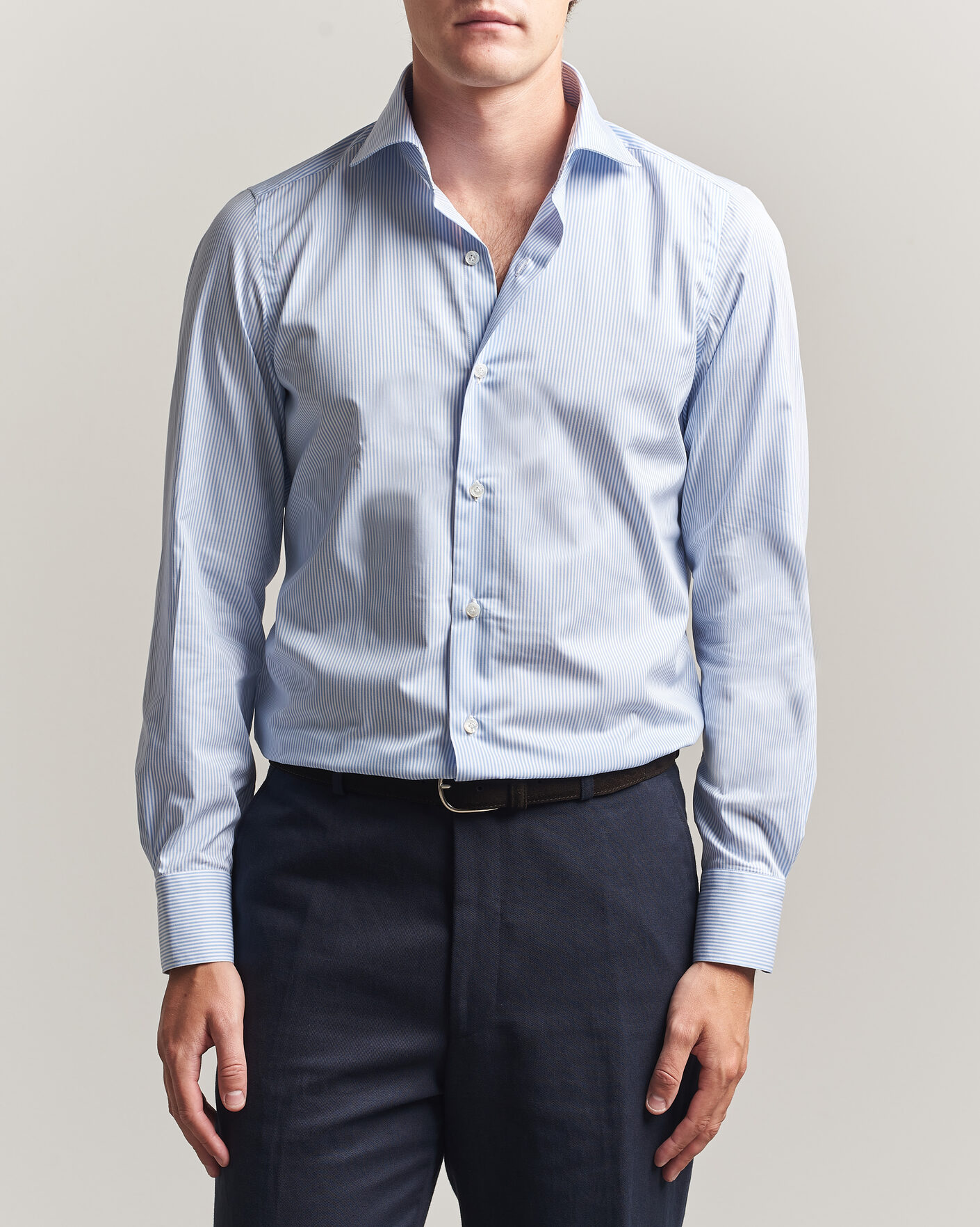Heren | Overhemden | Finamore Napoli | Milano Slim Traveller Cotton Shirt Blue Stripe
