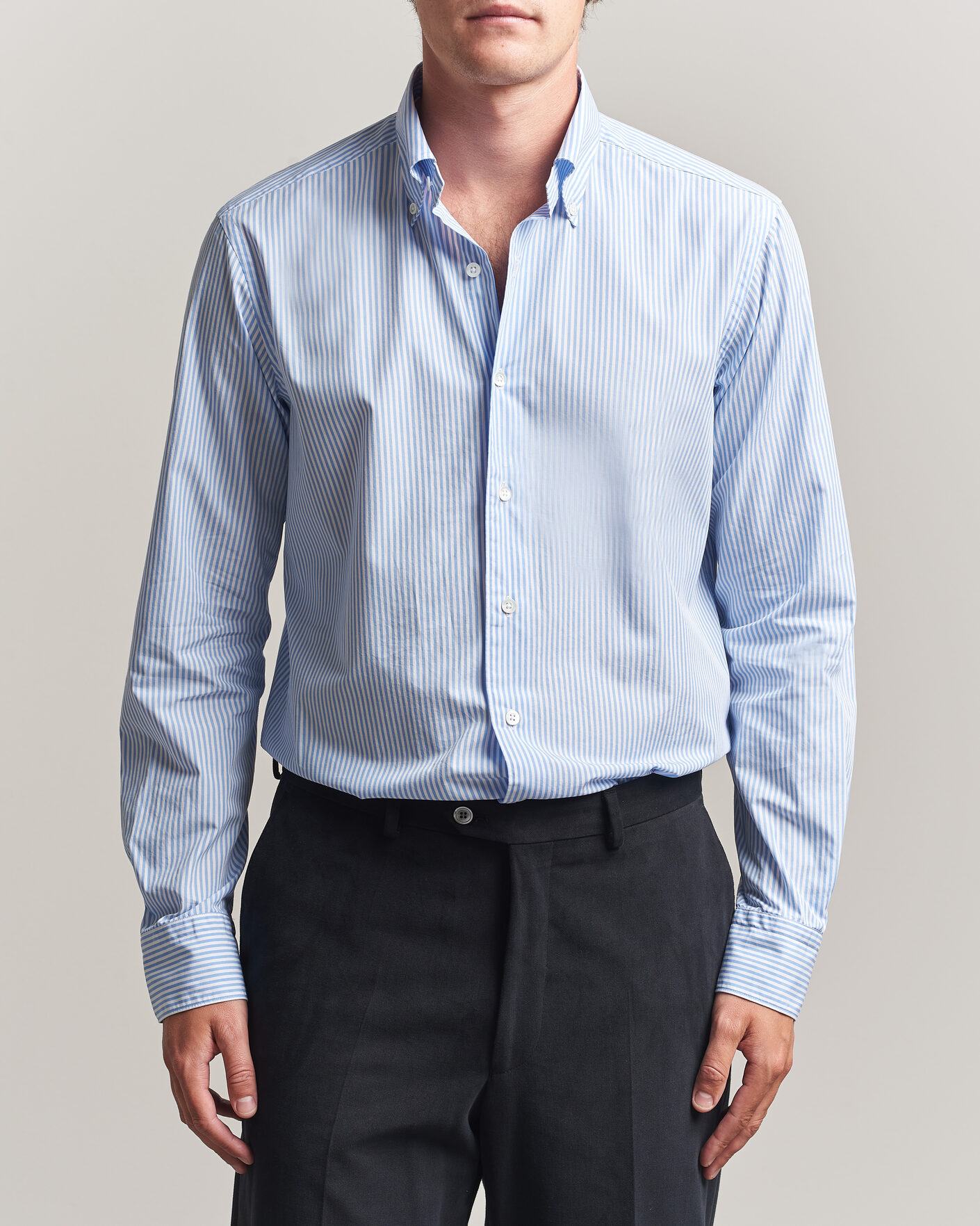 Homme | Chemises | Grigio | Popeline Button Down Shirt Light Blue Stripe