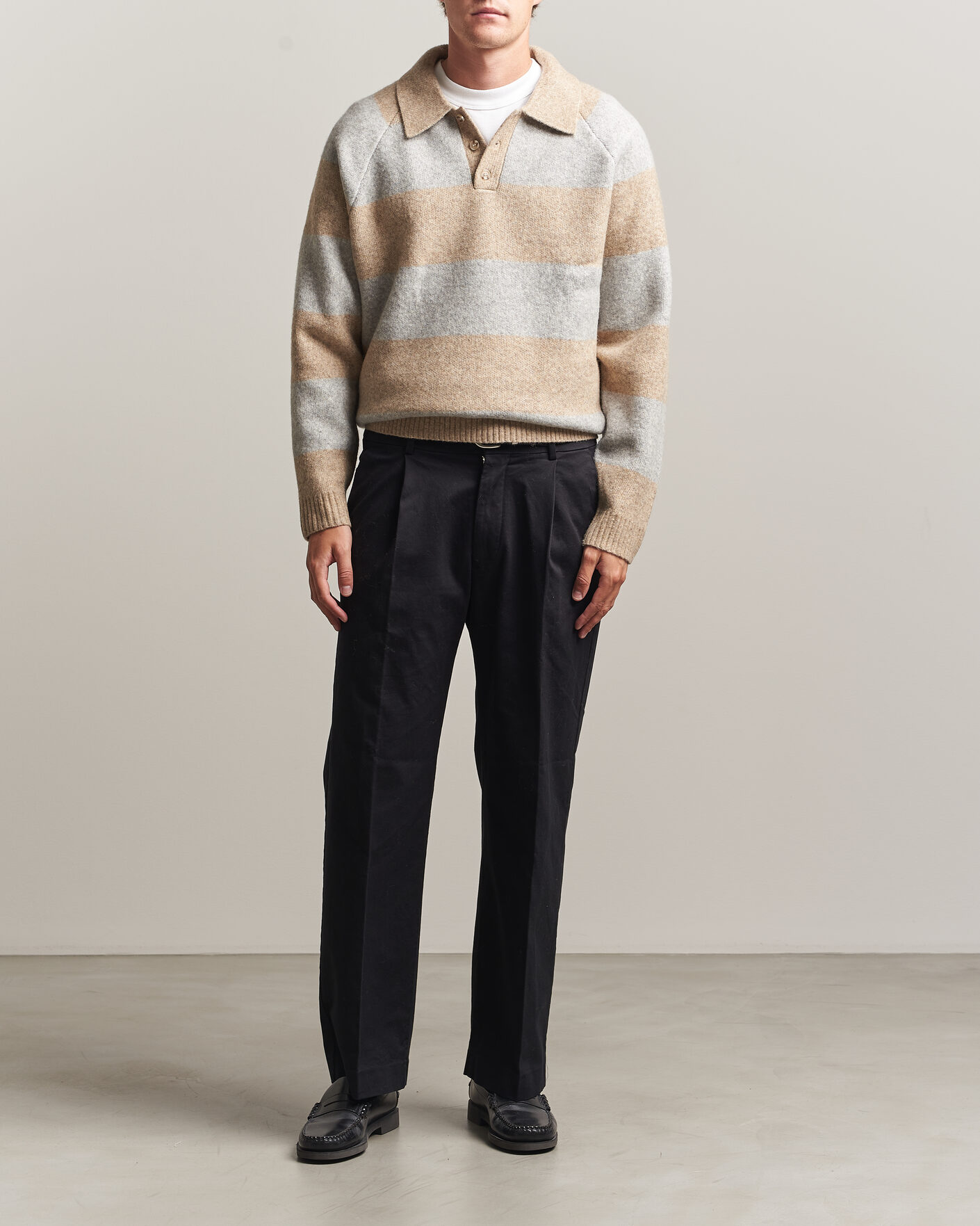 Homme | Pulls Et Tricots | LES DEUX | Striped Melange Knit Polo Light Sand Melange
