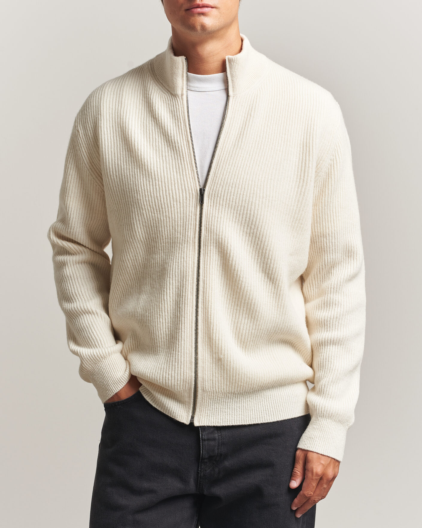 Homme | Pulls Et Tricots | LES DEUX | Wool Rib Zipper Knit Ivory Melange