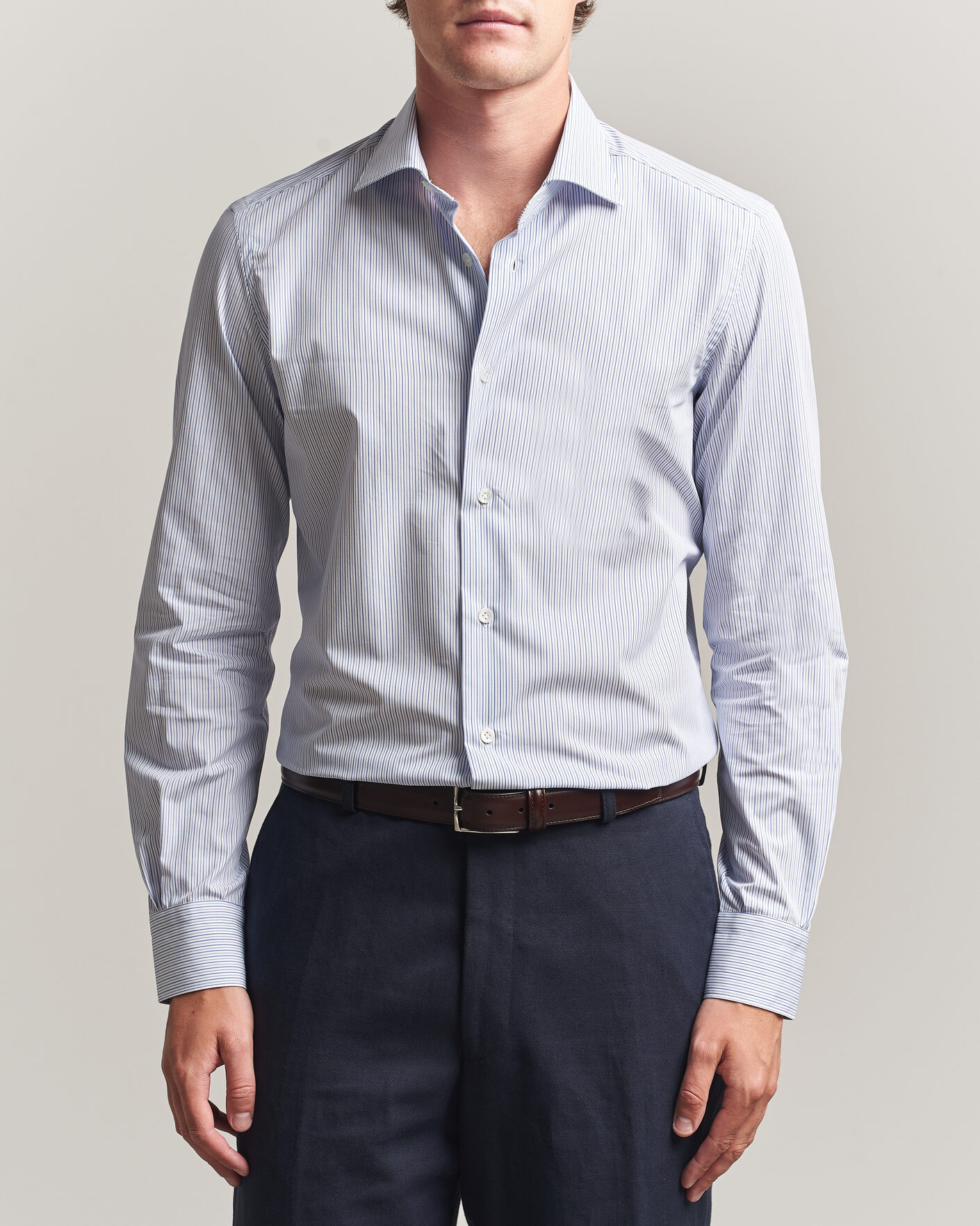 Homme | Chemises | Mazzarelli | Soft Cotton Popeline Shirt Blue Stripe