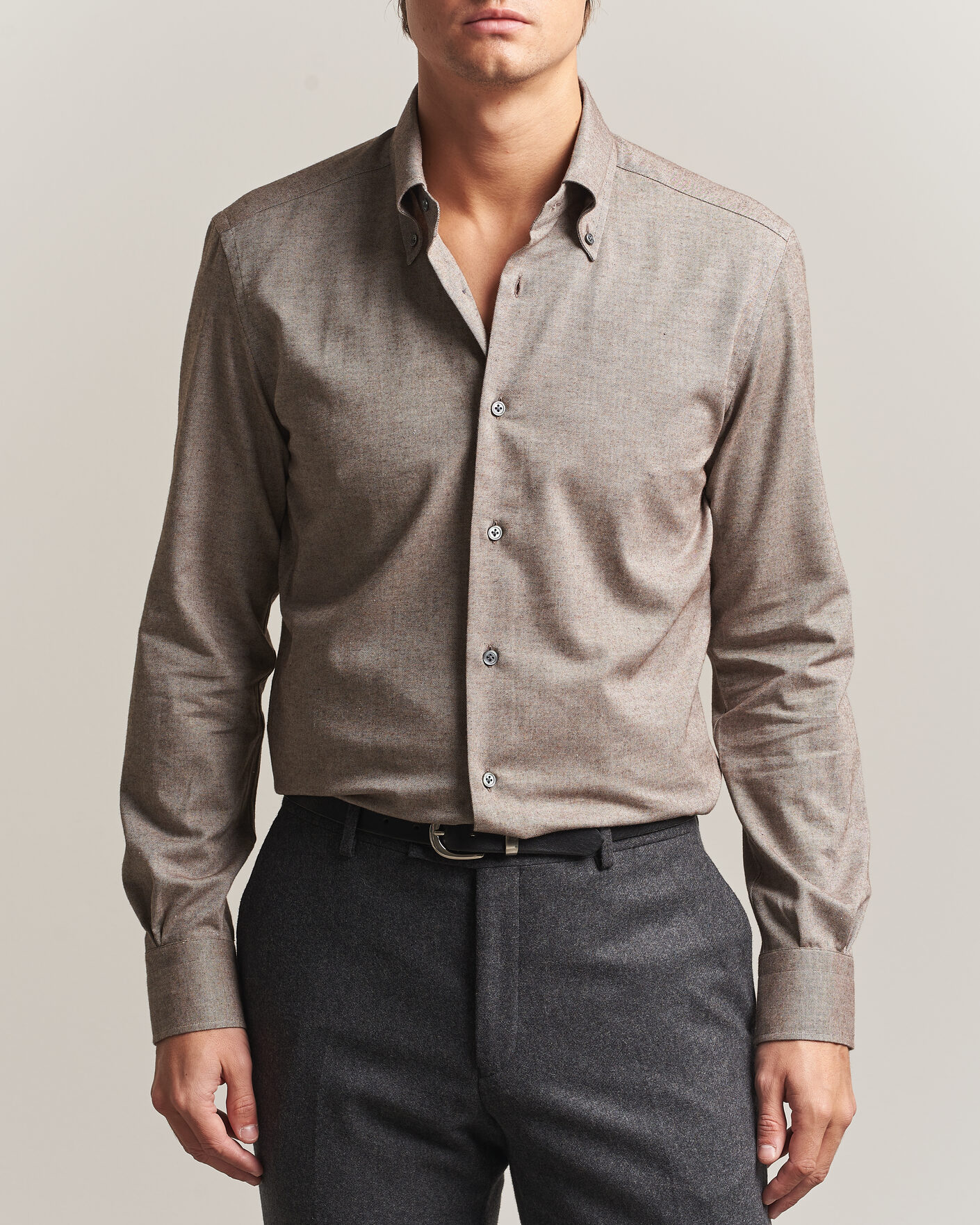 Homme | Chemises | Mazzarelli | Soft Flannel Button Down Shirt Taupe