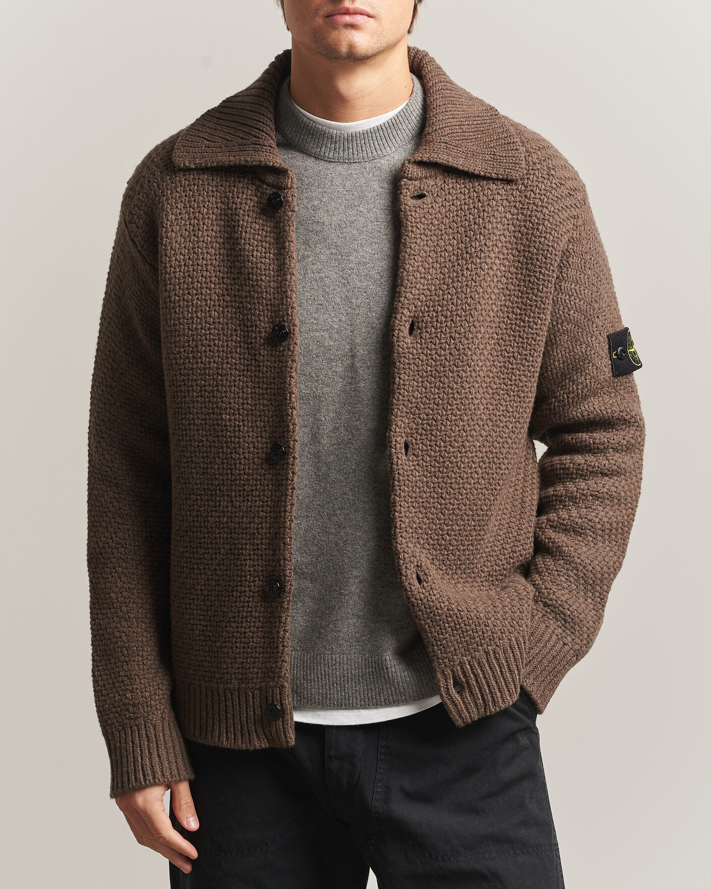 Homme | Pulls Et Tricots | Stone Island | Basket Stitch Lambswool Cardigan Umber Melange