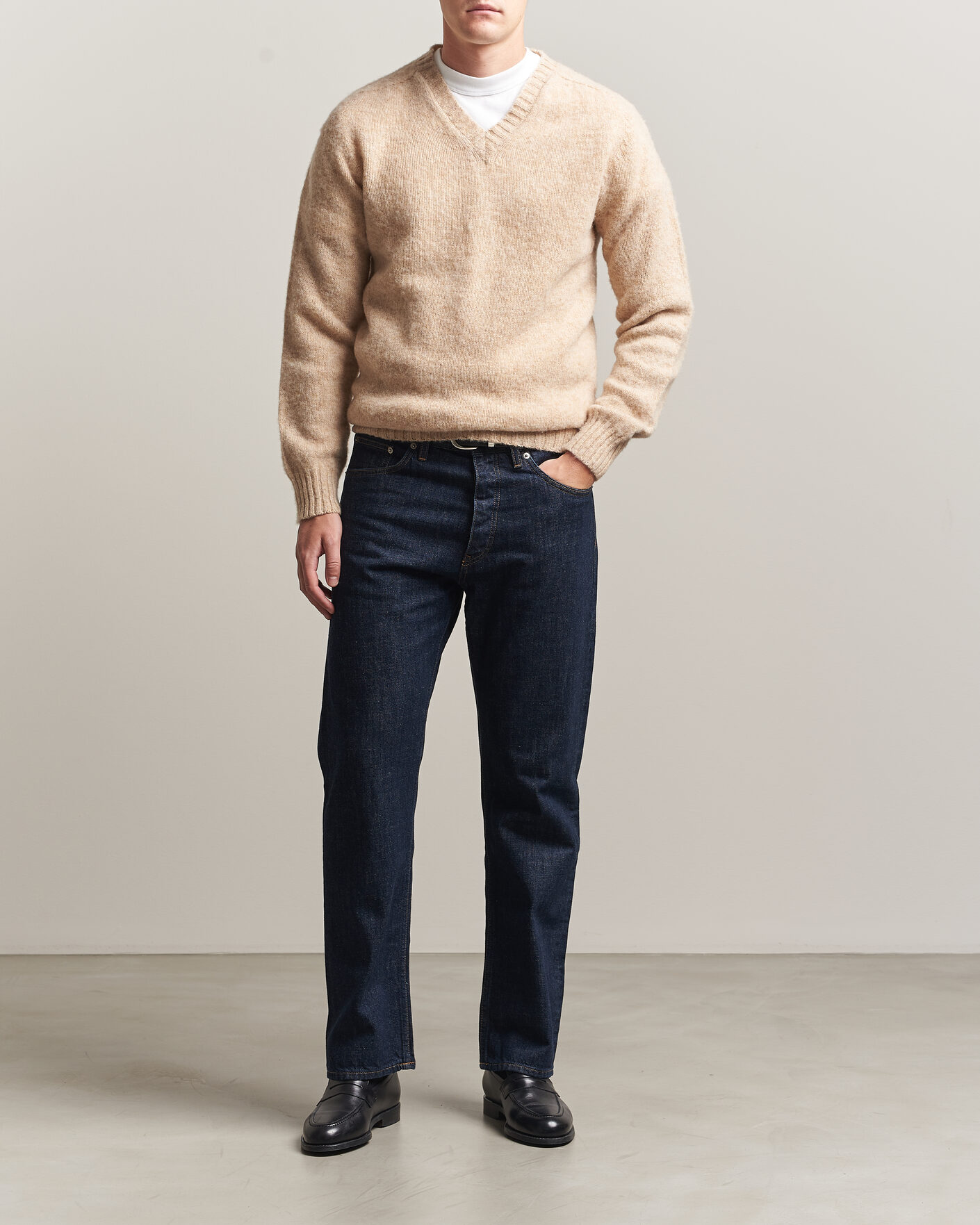 Heren | Truien | Harley Of Scotland for Care of Carl | Brushed Supersoft Lambswool V-Neck Beige