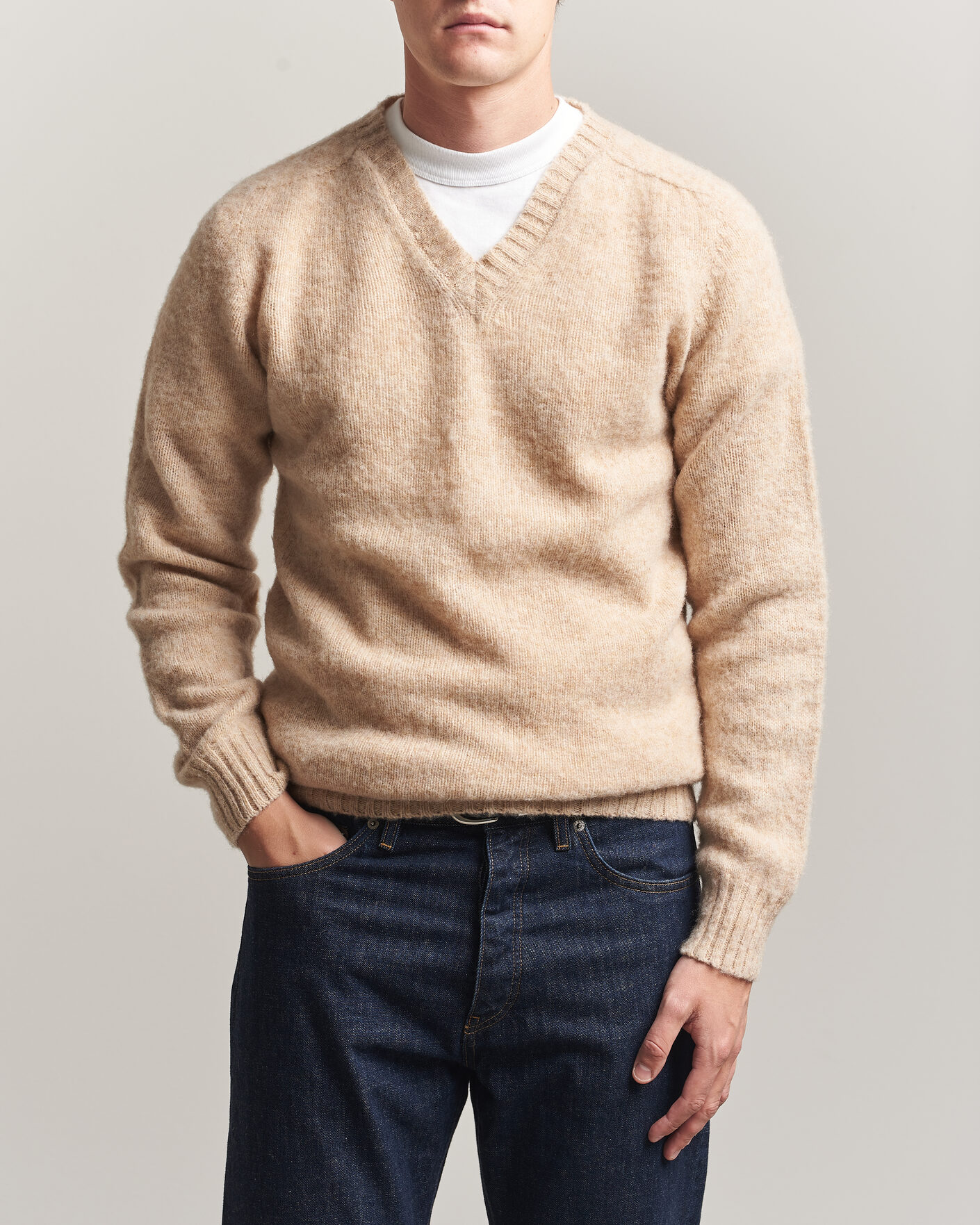 Heren | Truien | Harley Of Scotland for Care of Carl | Brushed Supersoft Lambswool V-Neck Beige