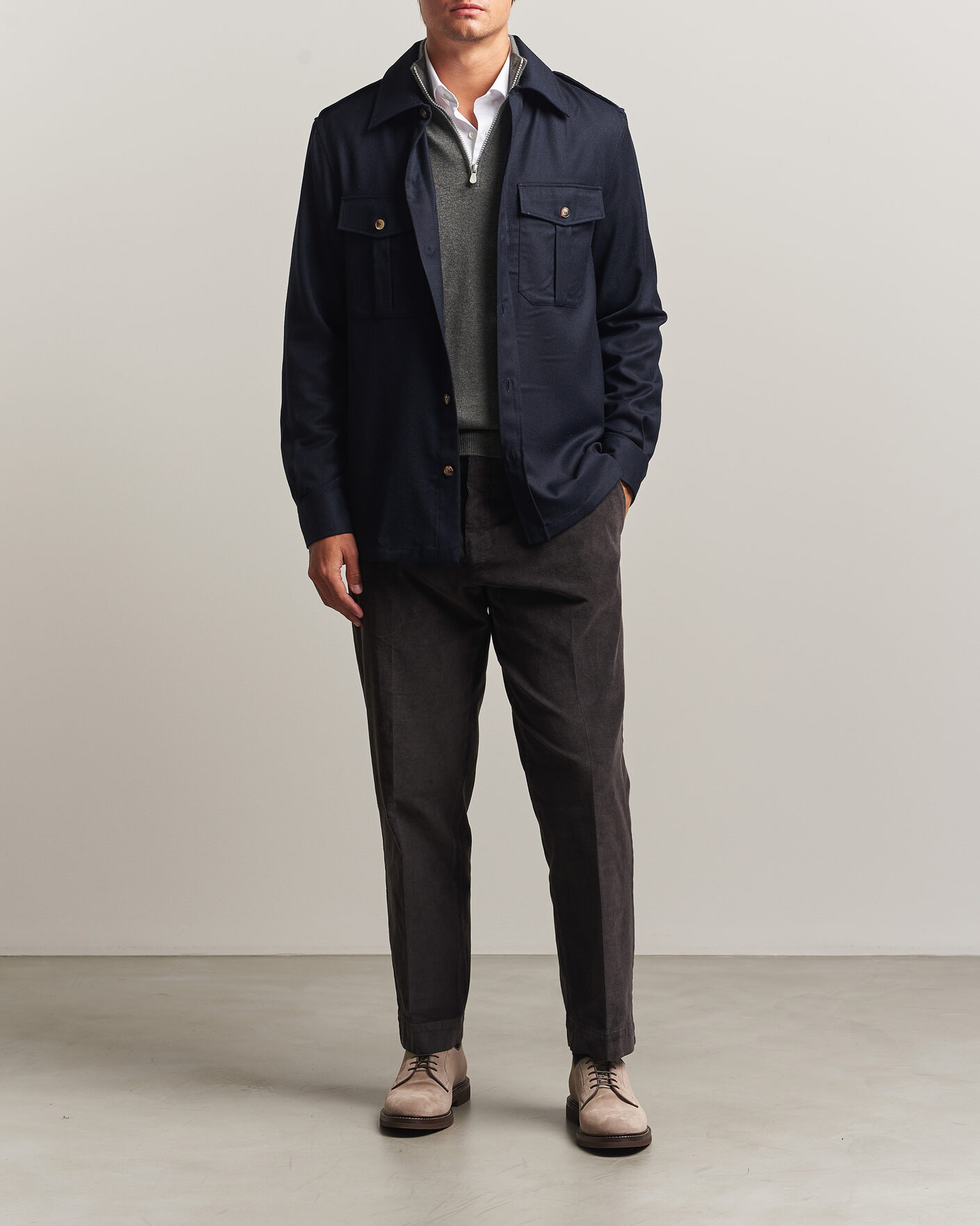 Heren | Overhemden | Brunello Cucinelli | Flannel Double Pocket Overshirt Navy