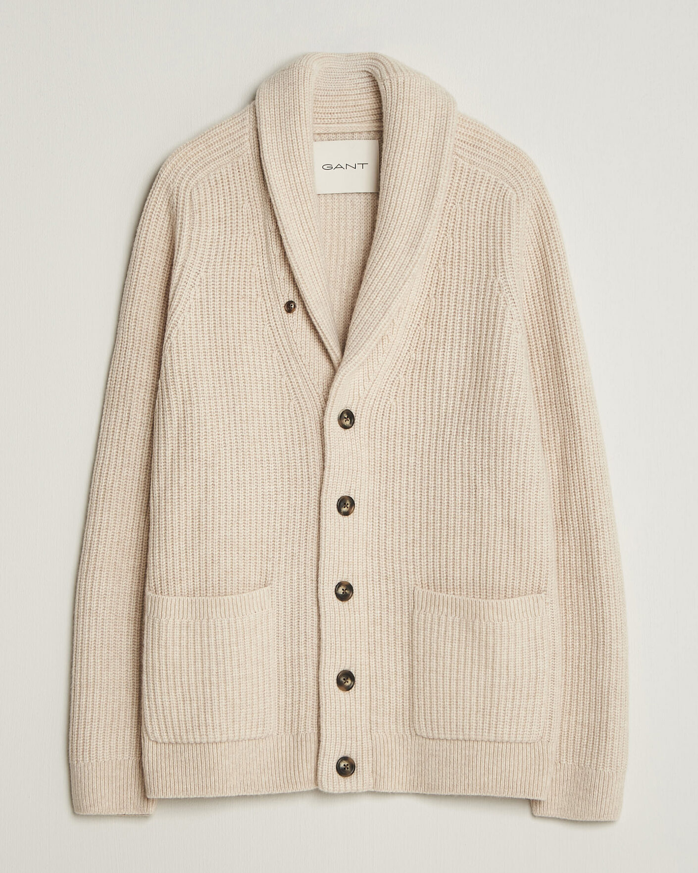 Homme | Pulls Et Tricots | Gant | Wool/Cotton Ribbed Shawl Collar Cardigan Light Beige