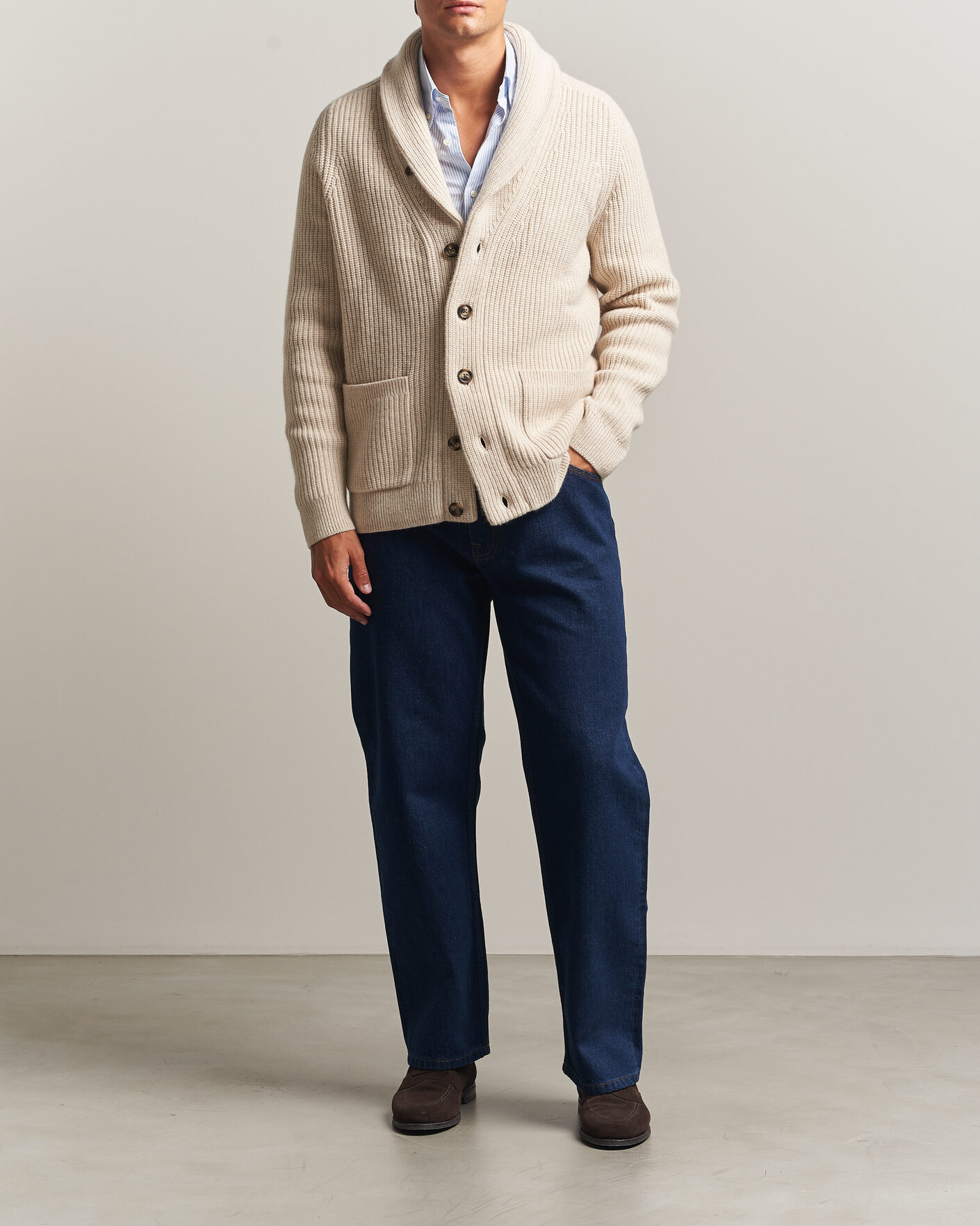 Homme | Pulls Et Tricots | Gant | Wool/Cotton Ribbed Shawl Collar Cardigan Light Beige