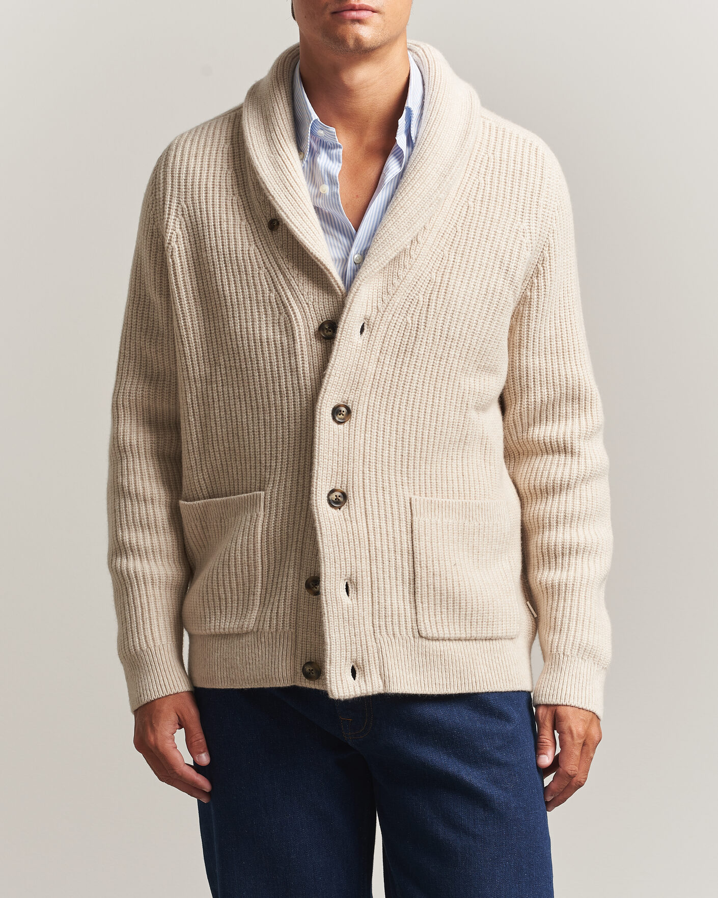 Homme | Pulls Et Tricots | Gant | Wool/Cotton Ribbed Shawl Collar Cardigan Light Beige