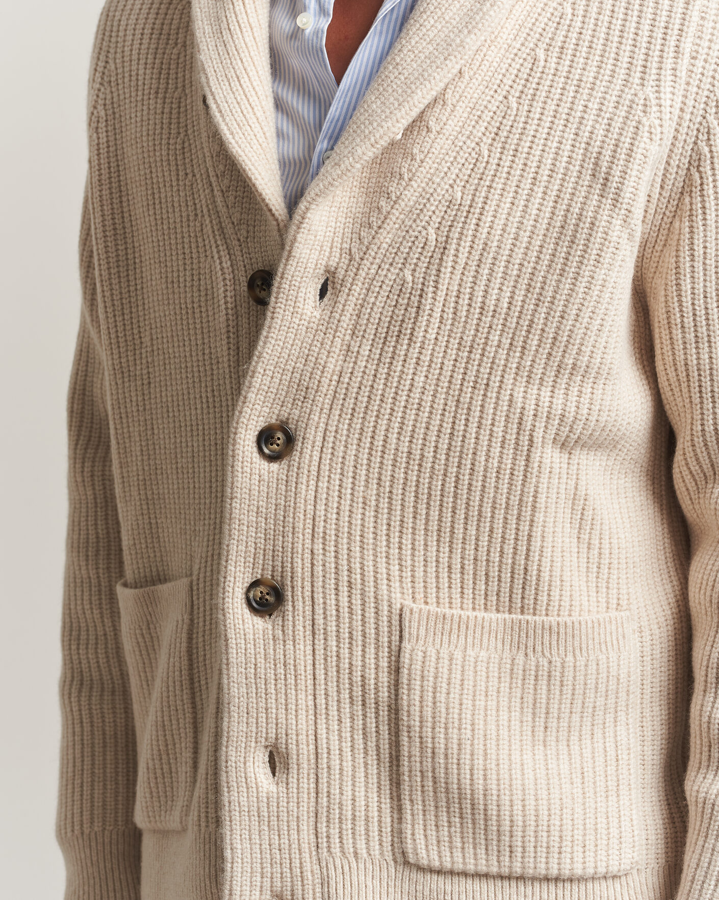 Homme | Pulls Et Tricots | Gant | Wool/Cotton Ribbed Shawl Collar Cardigan Light Beige