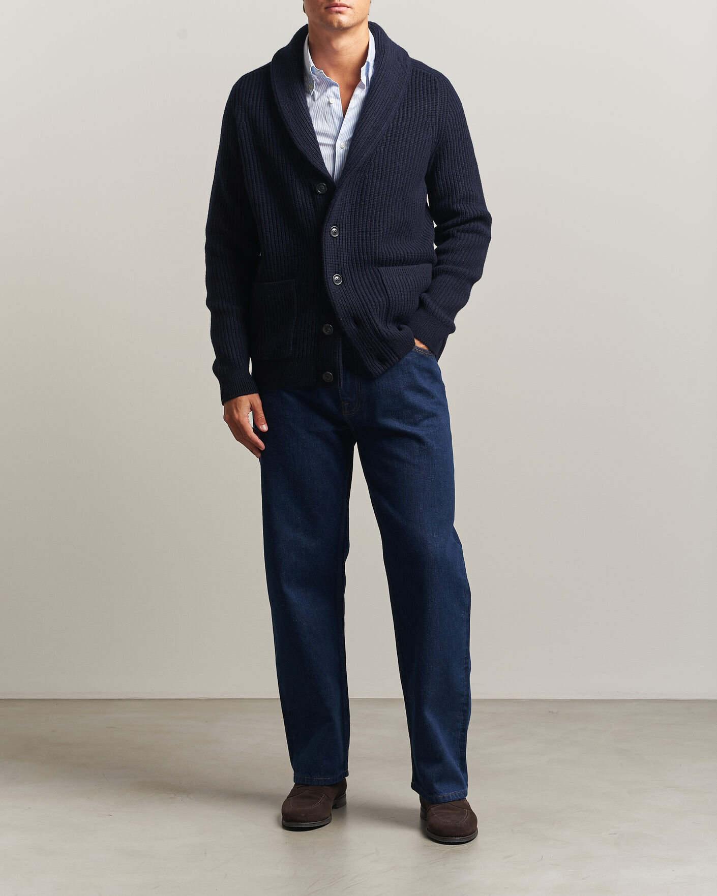 Homme | Pulls Et Tricots | Gant | Wool/Cotton Ribbed Shawl Collar Cardigan Evening Blue