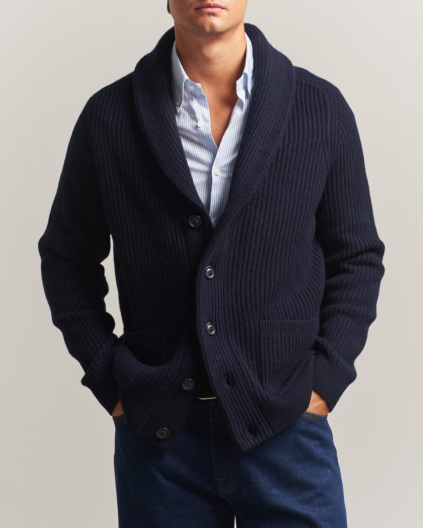 Homme | Pulls Et Tricots | Gant | Wool/Cotton Ribbed Shawl Collar Cardigan Evening Blue