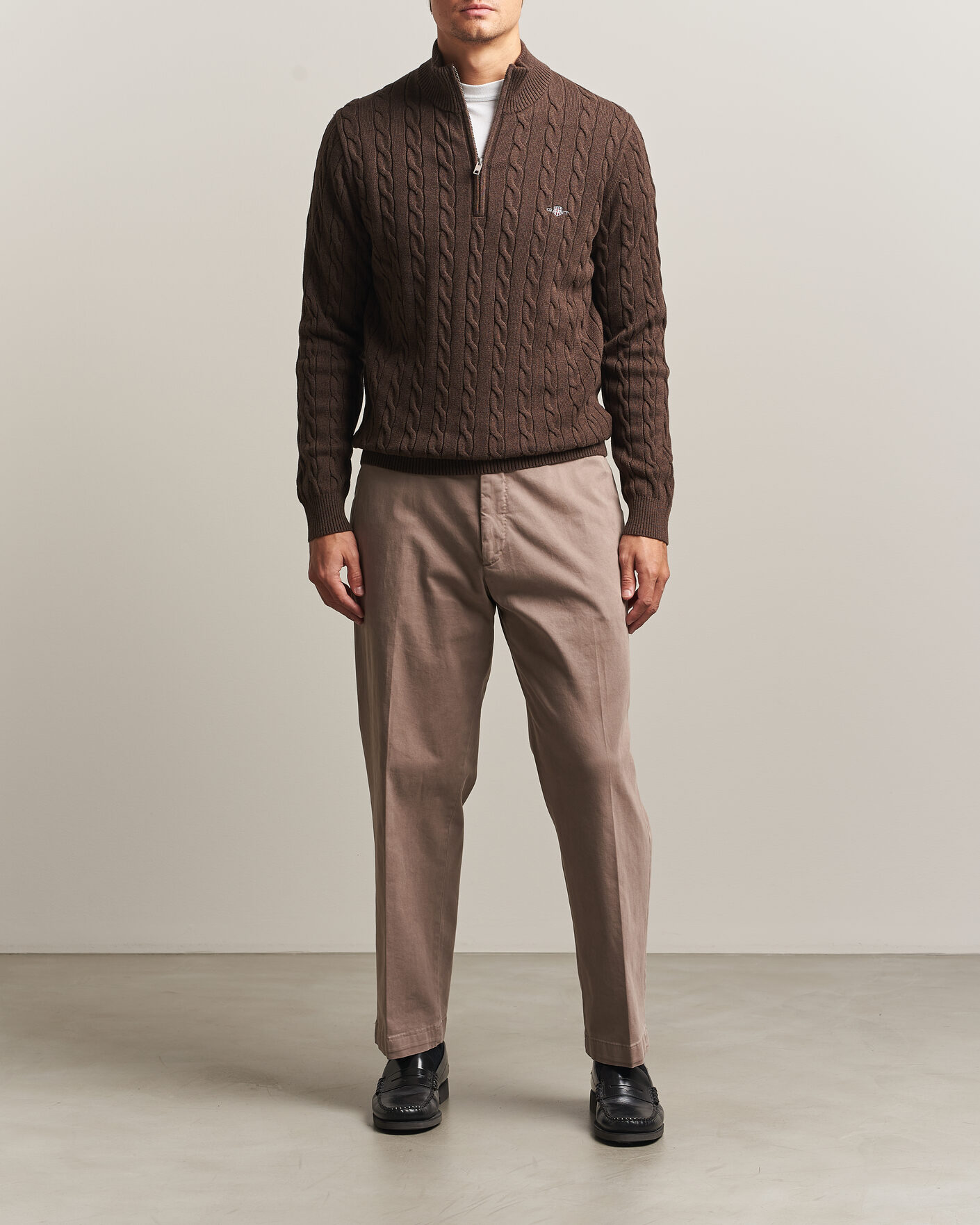 Homme | Pulls Et Tricots | Gant | Cotton Cable Half Zip Black Brown Melange