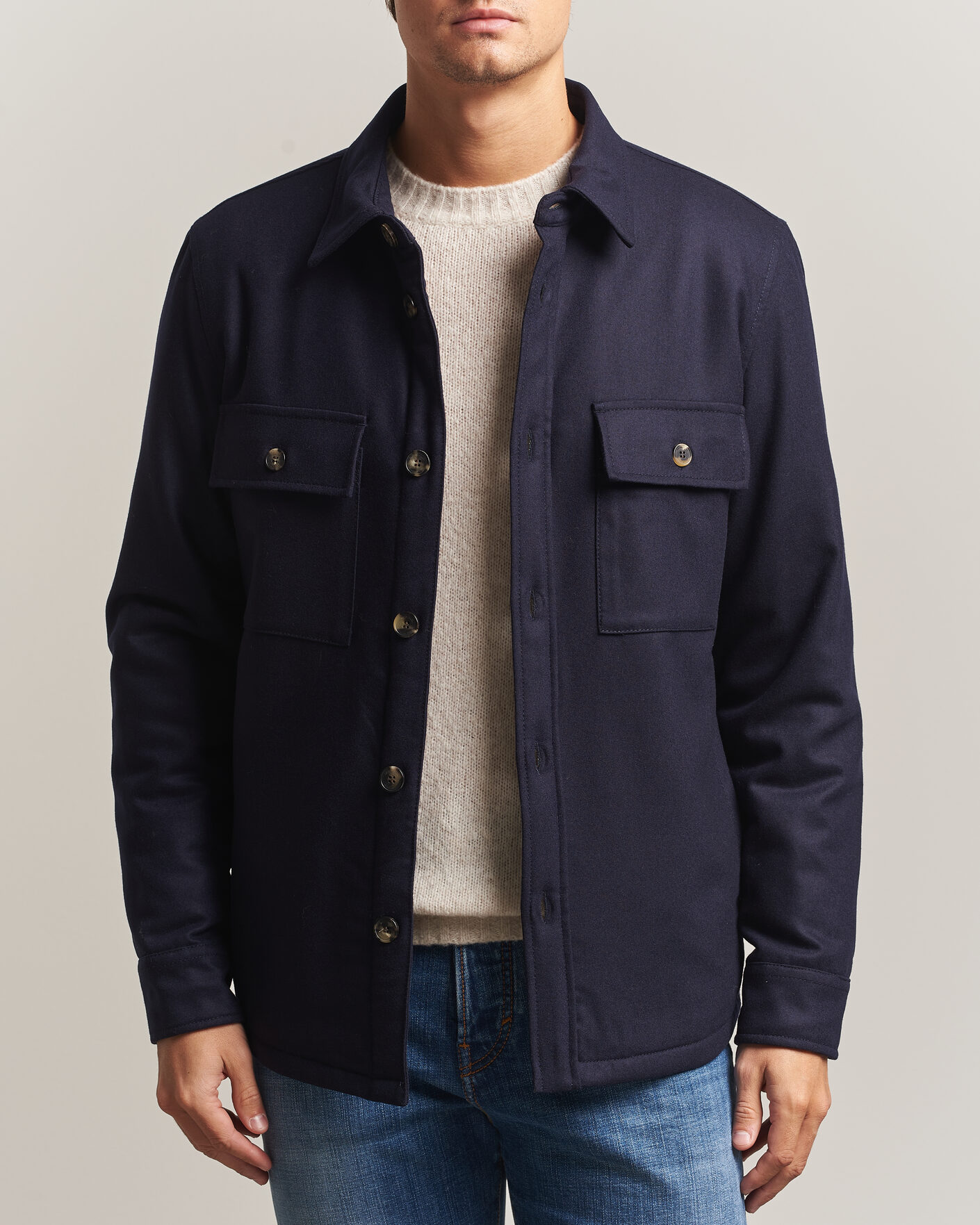 Heren | Jassen | Jacob Cohën | Wool Flannel Eco Fur Lined Shirt Jacket Navy