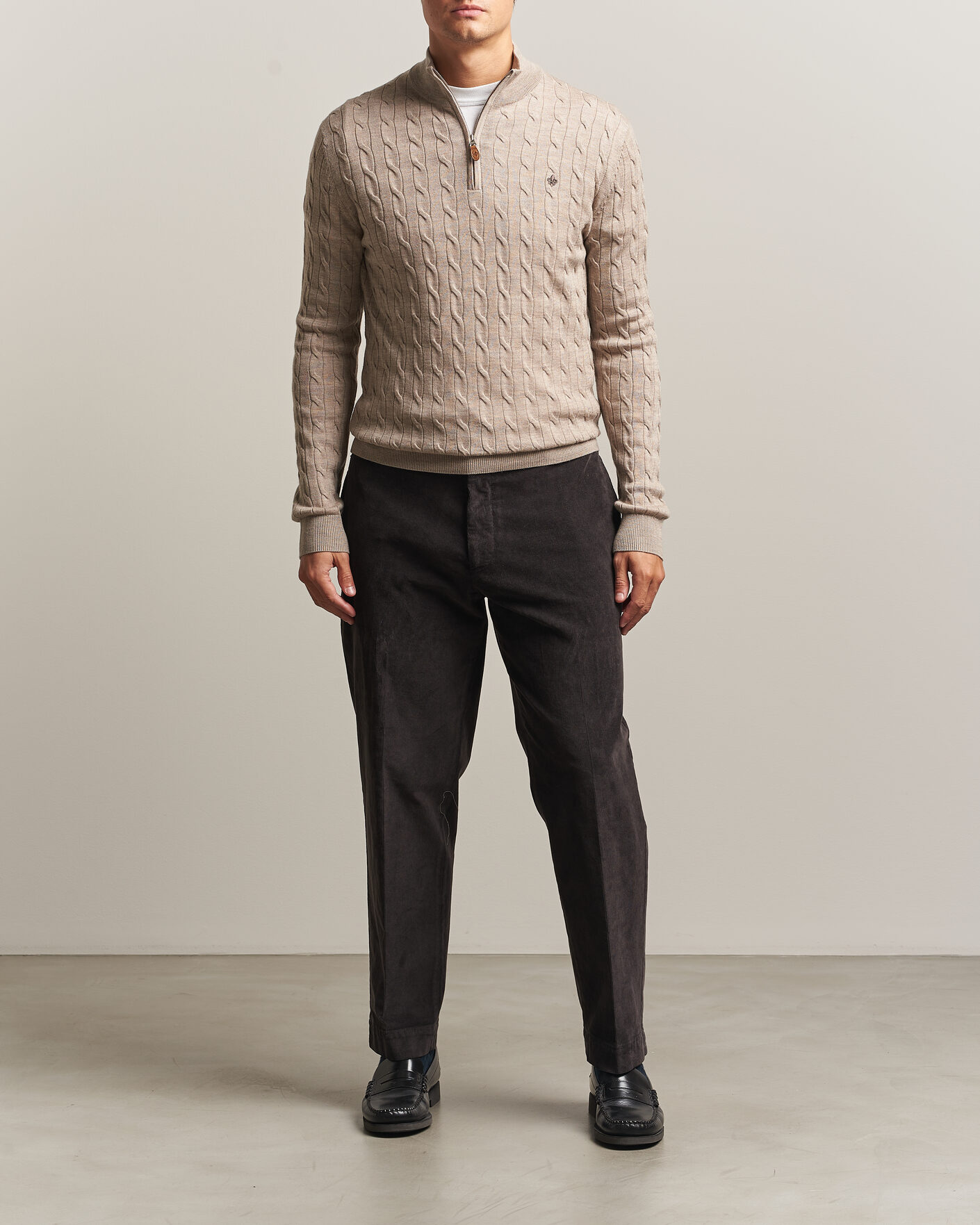 Heren | Truien | Morris | Merino Cable Half Zip Khaki