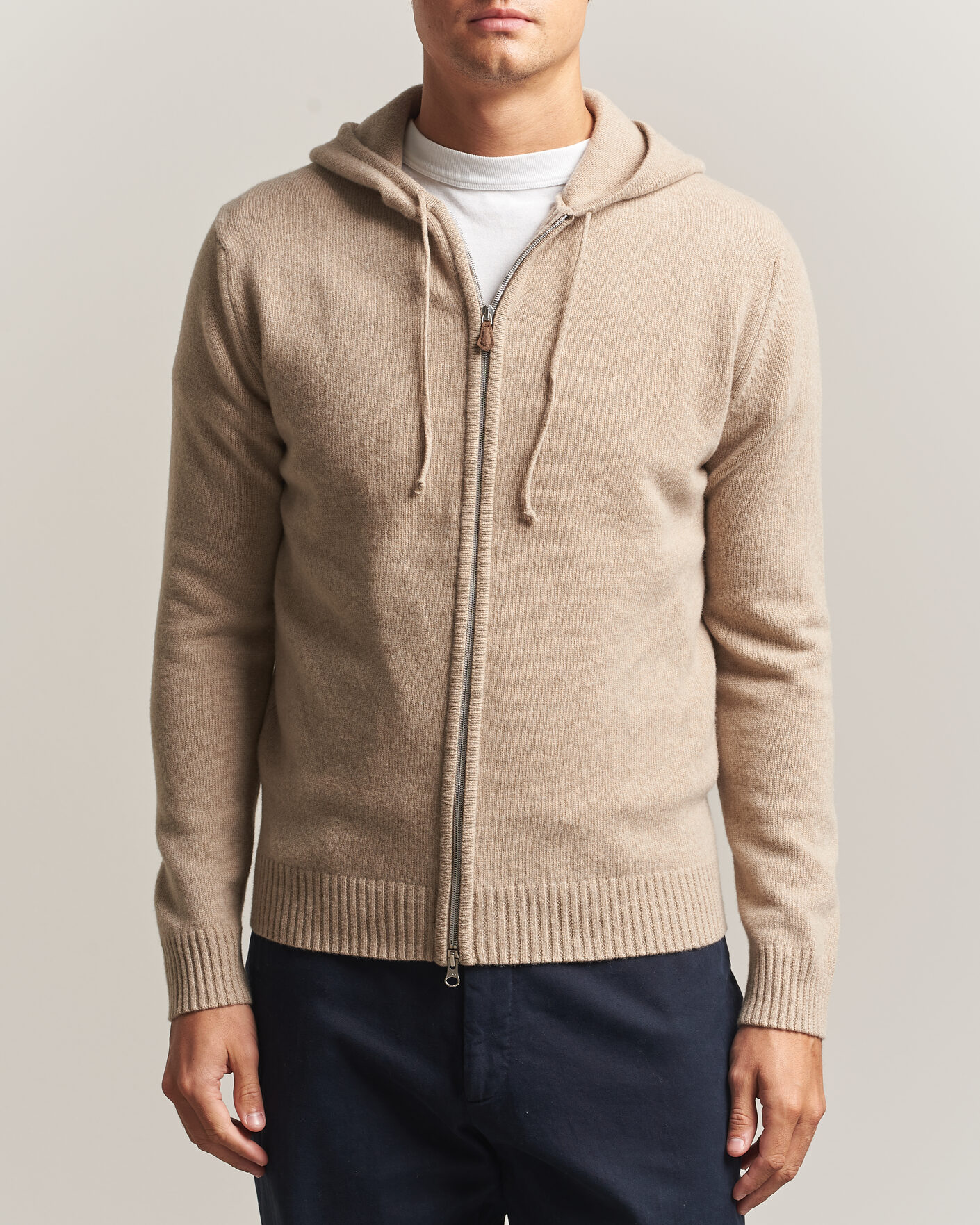 Heren | Truien | Stenströms | Brushed Merino Full-Zip Hood Beige