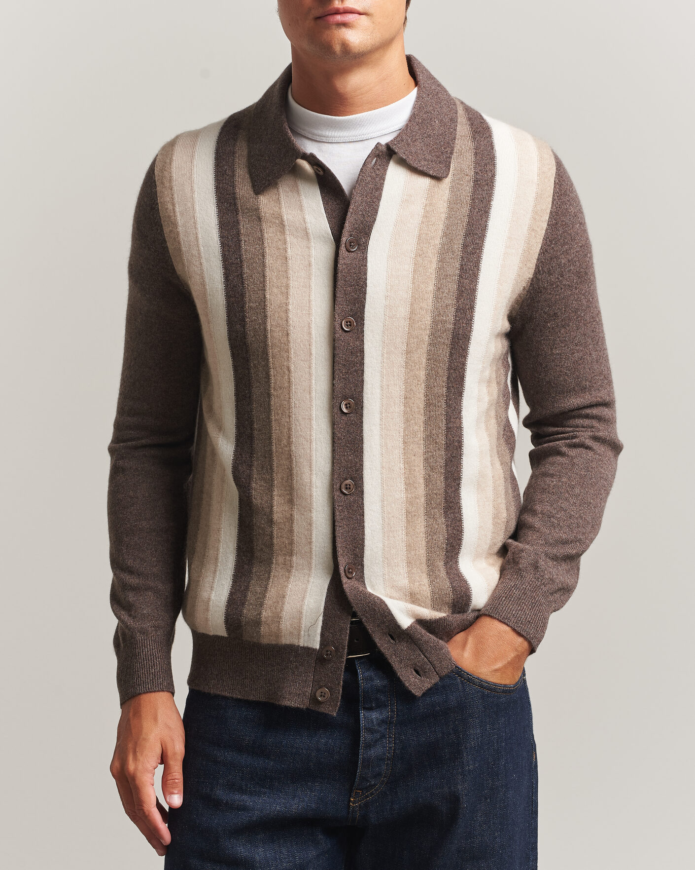 Heren | Truien | Stenströms | Cashmere Striped Polo Cardigan Brown