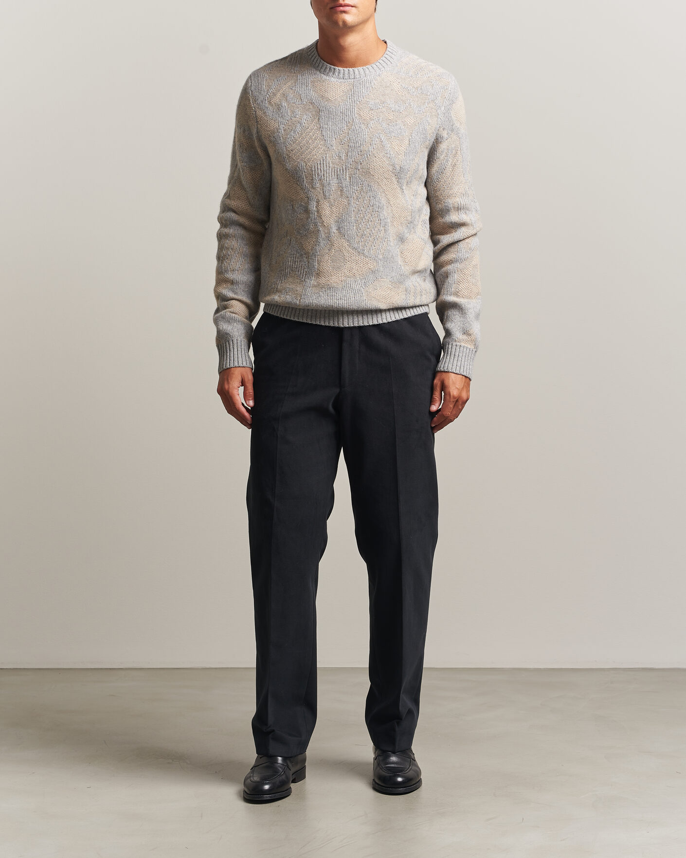 Heren | Truien | Stenströms | Knitted Jaquard Yak/Merino Sweater Beige Grey