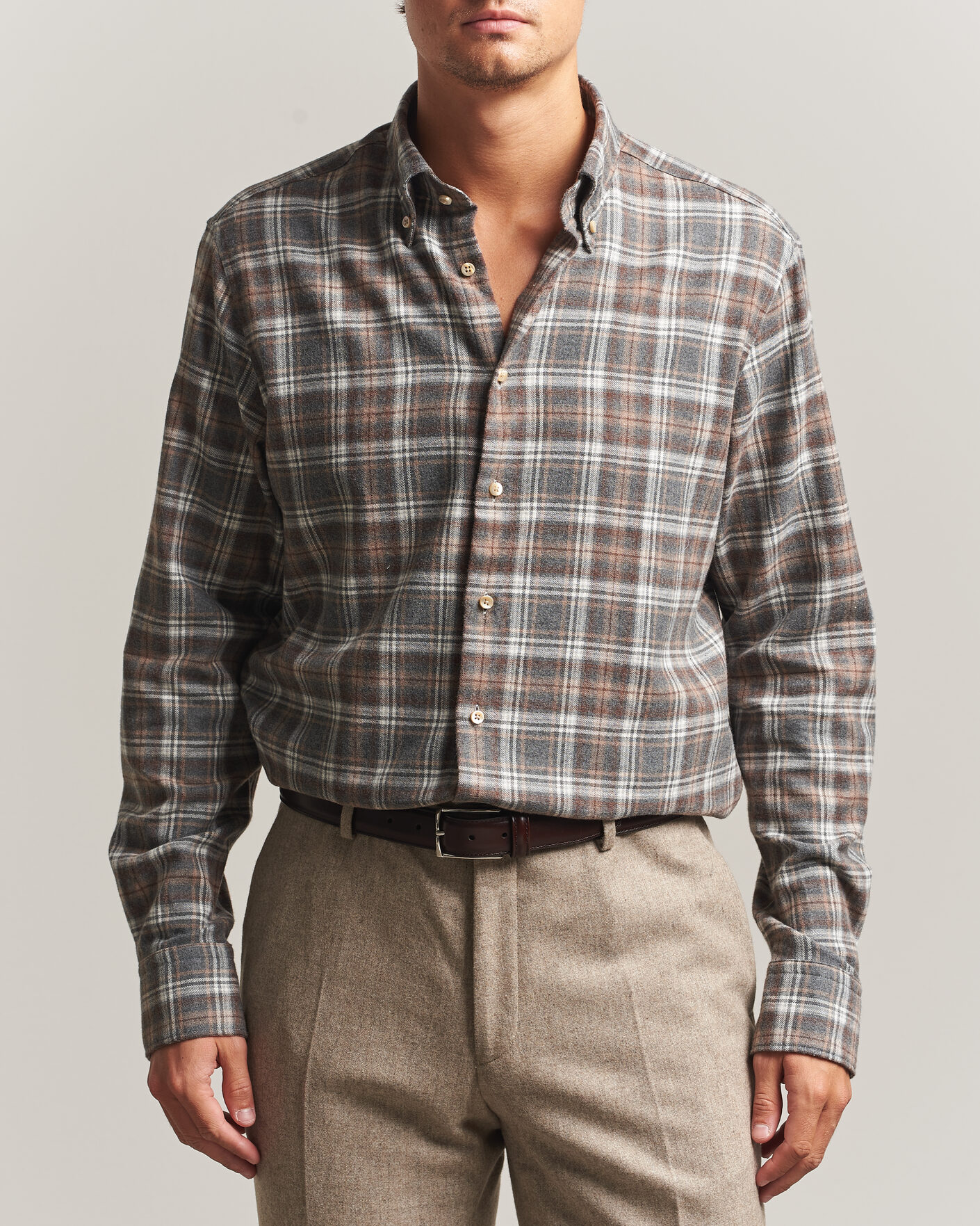 Homme | Chemises | Stenströms | Regular Fit Check Cut Away Flannel Shirt Brown