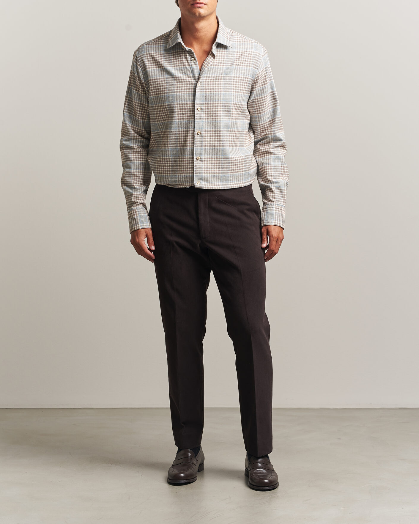 Heren | Overhemden | Stenströms | Regular Fit Overcheck Flannel Shirt Light Brown