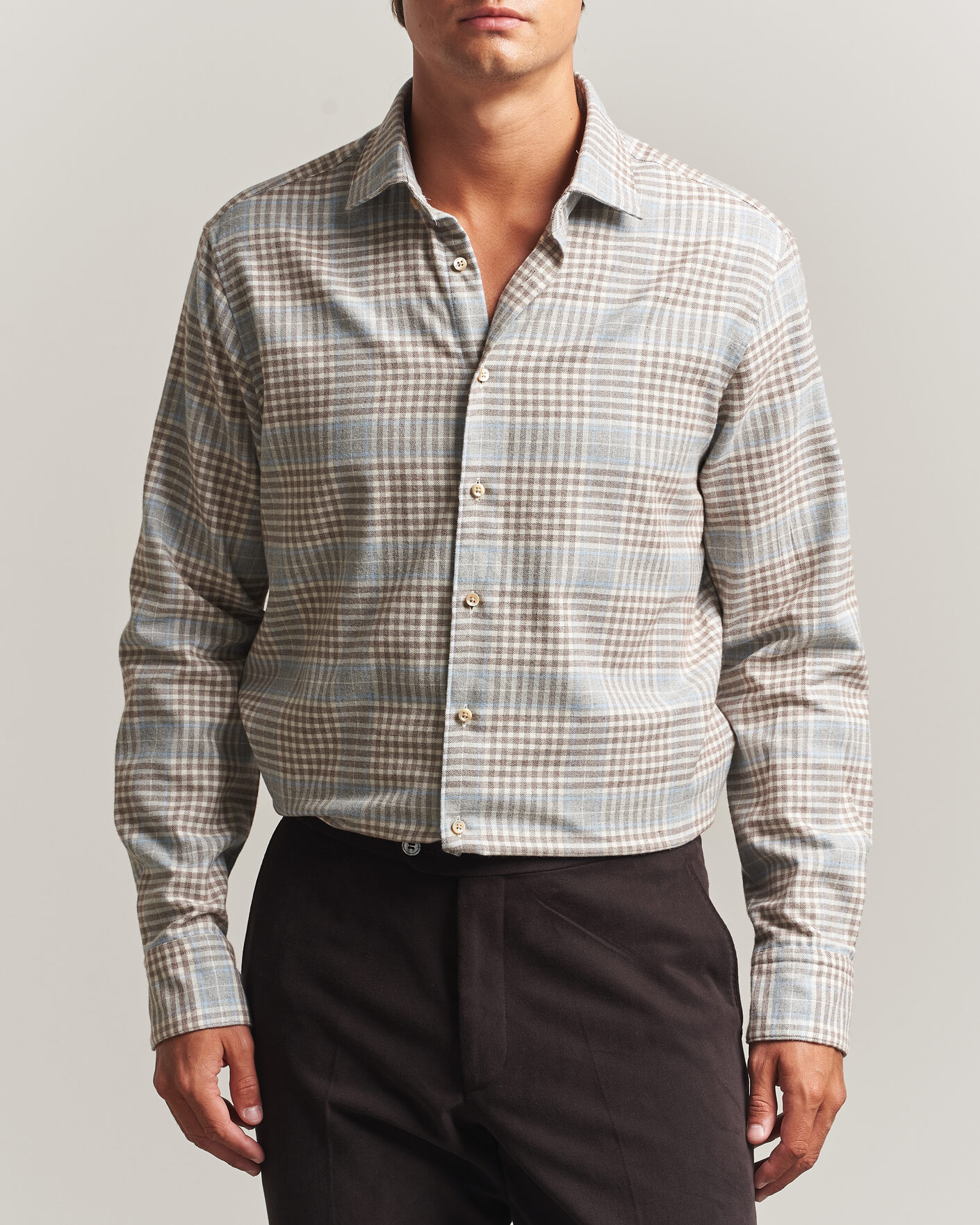 Heren | Overhemden | Stenströms | Regular Fit Overcheck Flannel Shirt Light Brown