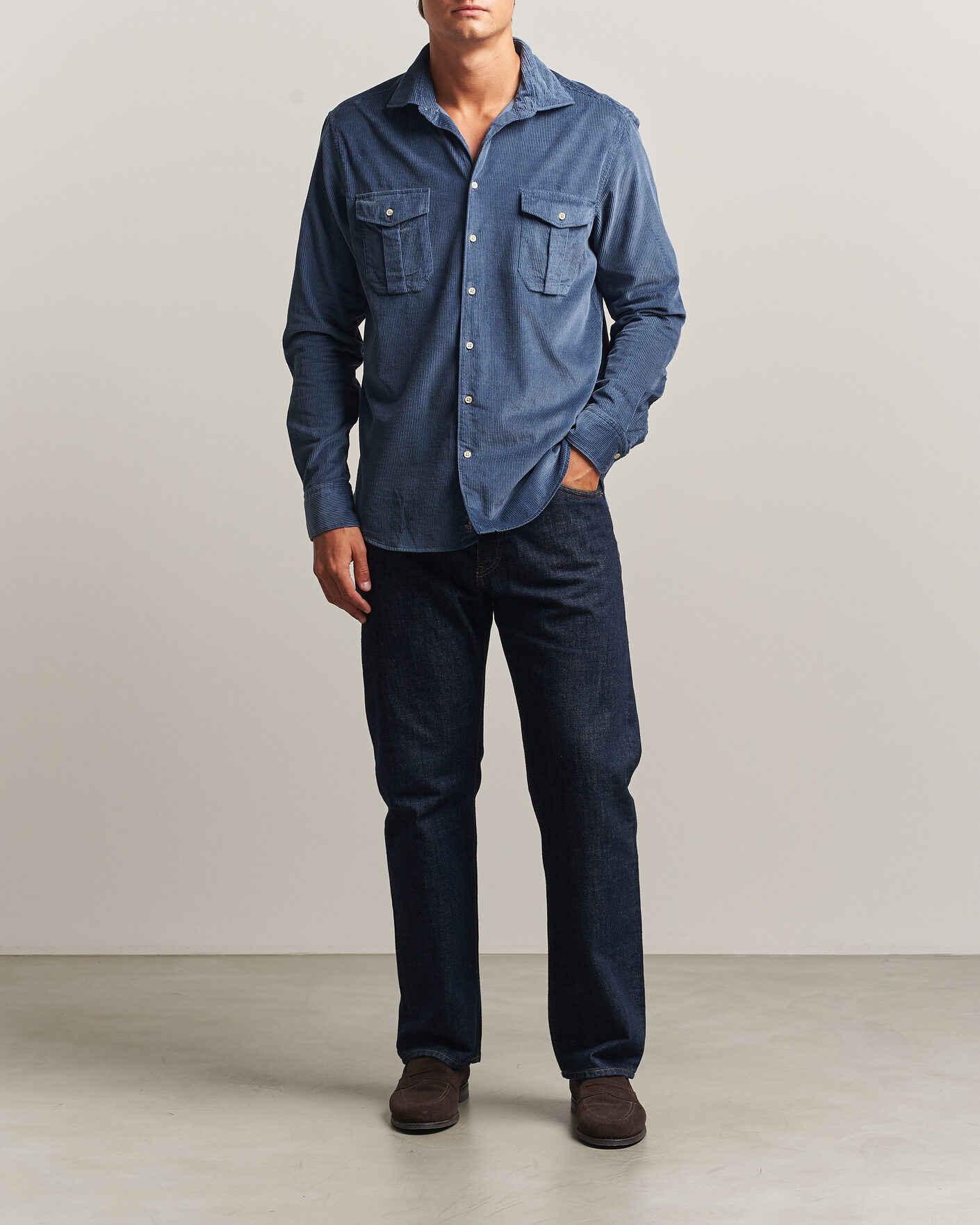 Homme | Chemises | Stenströms | Regular Fit Cord Pocket Shirt Blue