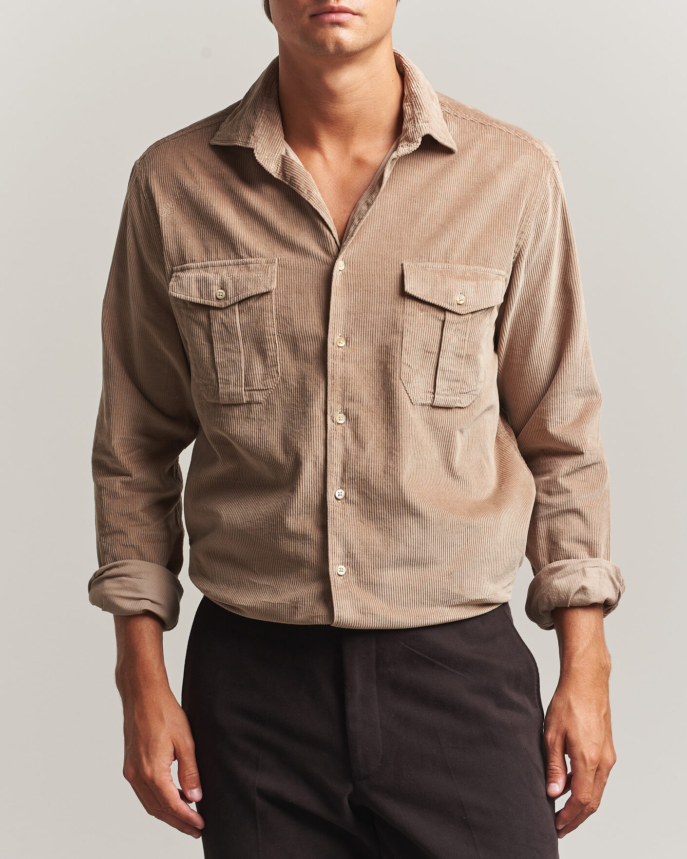 Heren | Overhemden | Stenströms | Regular Fit Cord Pocket Shirt Light Brown