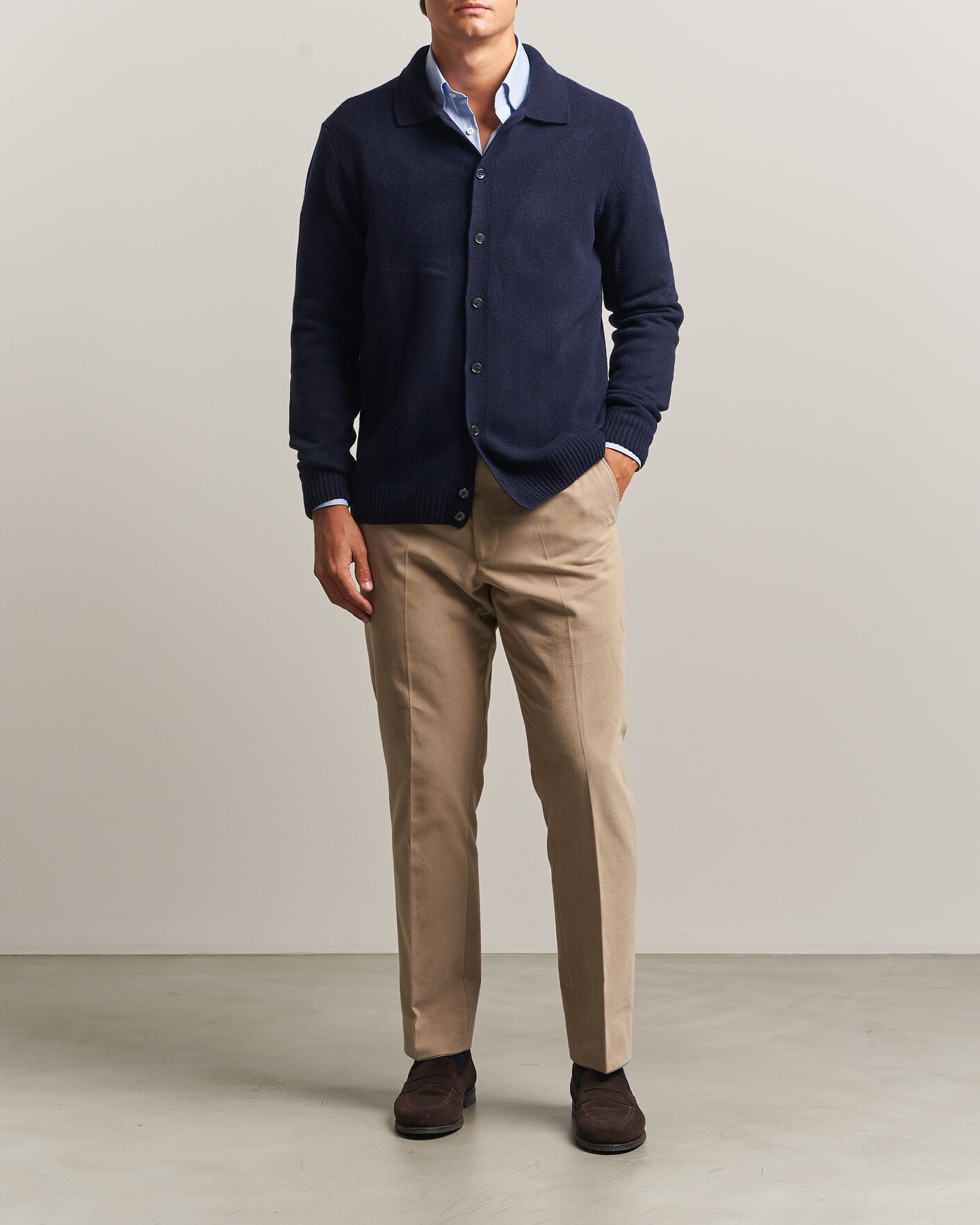 Heren | Truien | Stenströms | Brushed Merino Polo Cardigan Navy