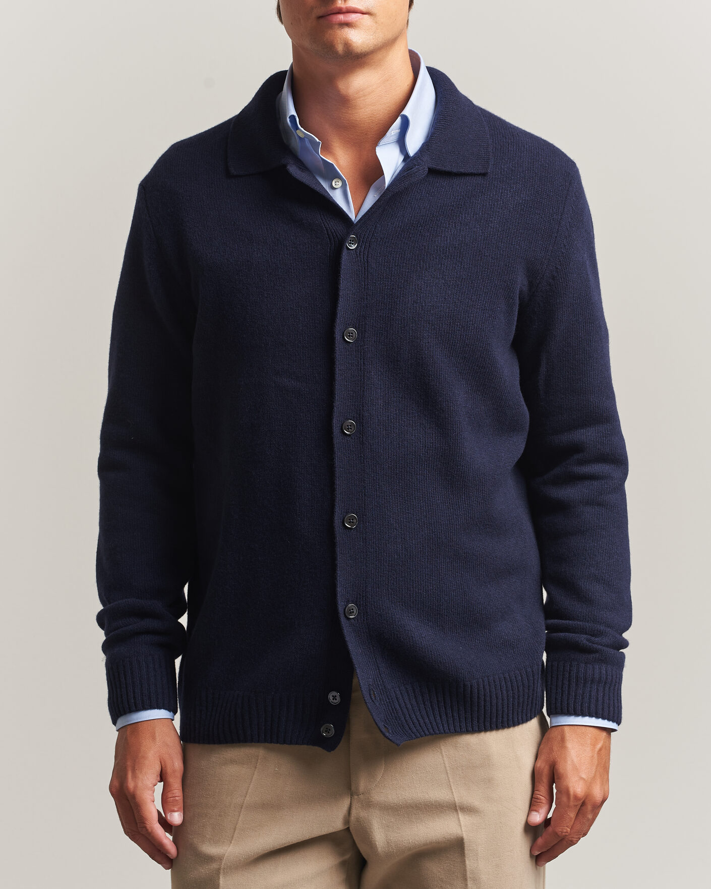 Heren | Truien | Stenströms | Brushed Merino Polo Cardigan Navy