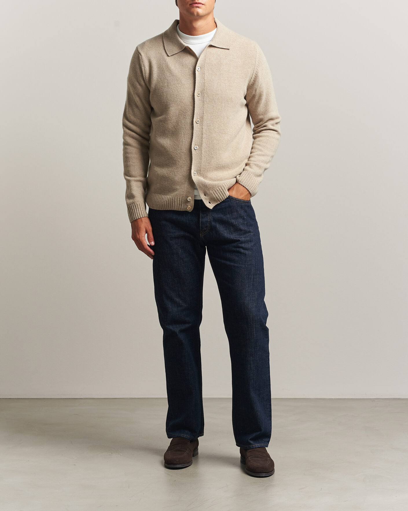 Heren | Truien | Stenströms | Brushed Merino Polo Cardigan Beige