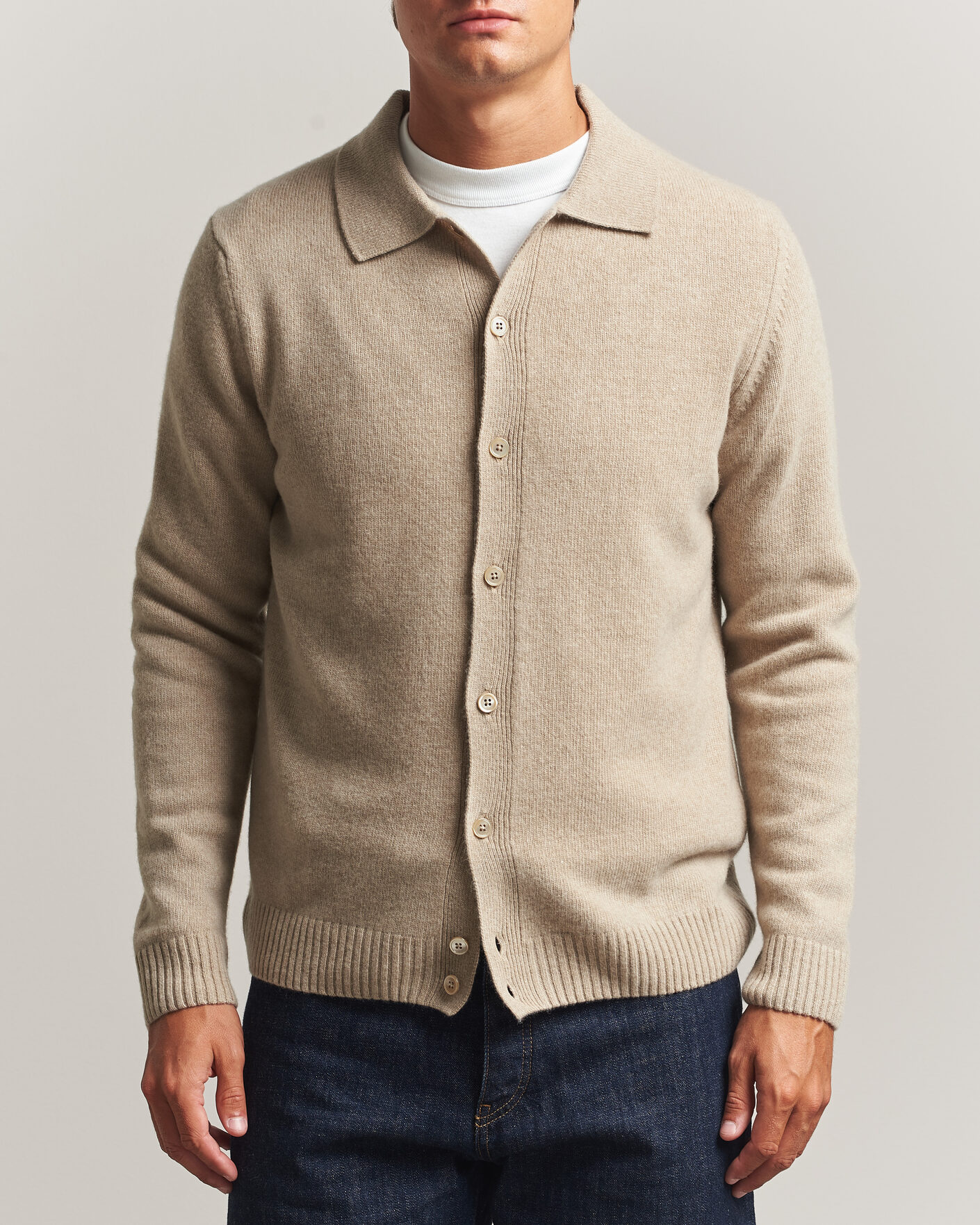 Heren | Truien | Stenströms | Brushed Merino Polo Cardigan Beige