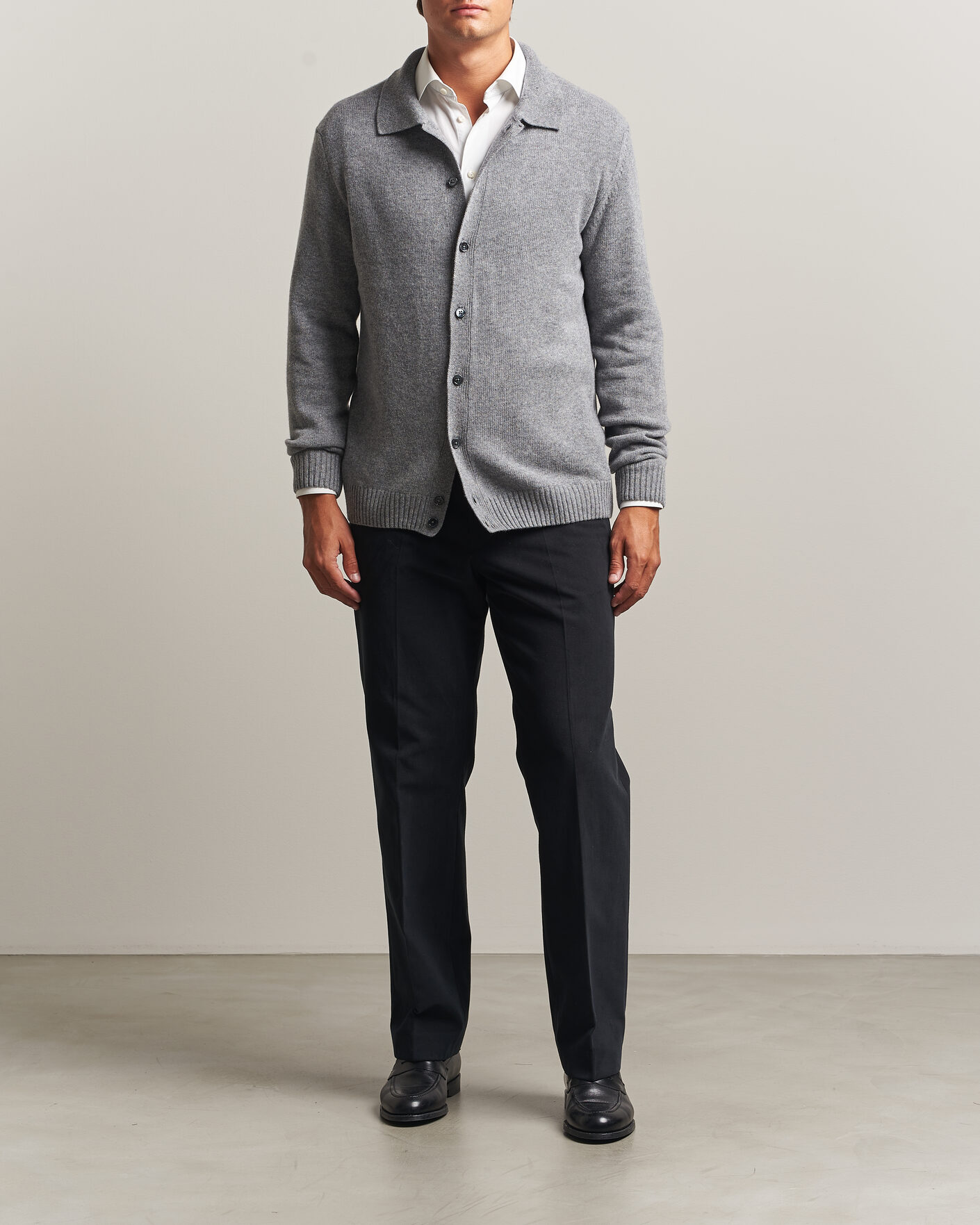 Heren | Truien | Stenströms | Brushed Merino Polo Cardigan Grey