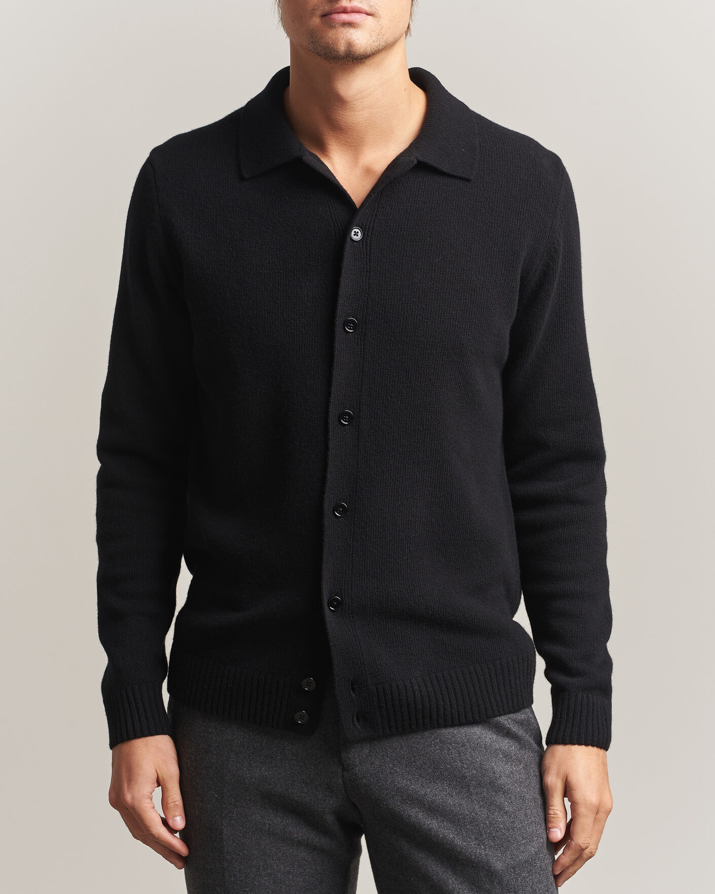 Heren | Truien | Stenströms | Brushed Merino Polo Cardigan Black