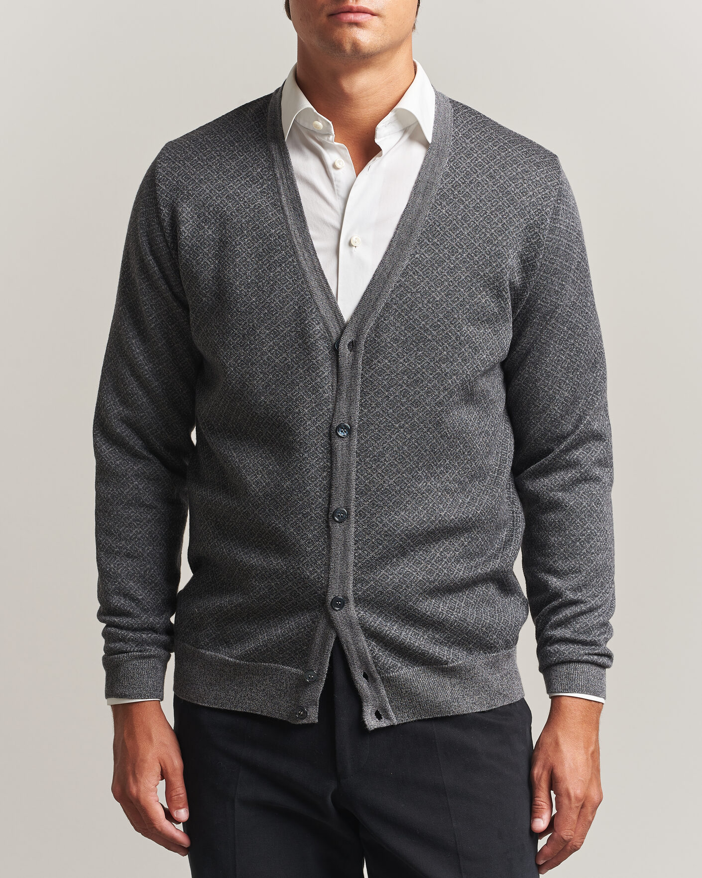 Heren | Truien | Stenströms | Merino Jaquard Cardigan Dark Grey