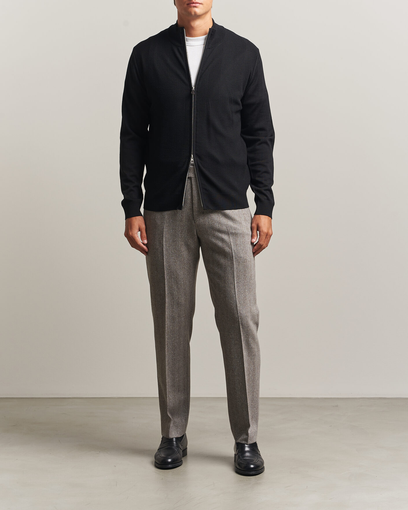 Heren | Truien | Stenströms | Merino Herringbone Full Zip Black