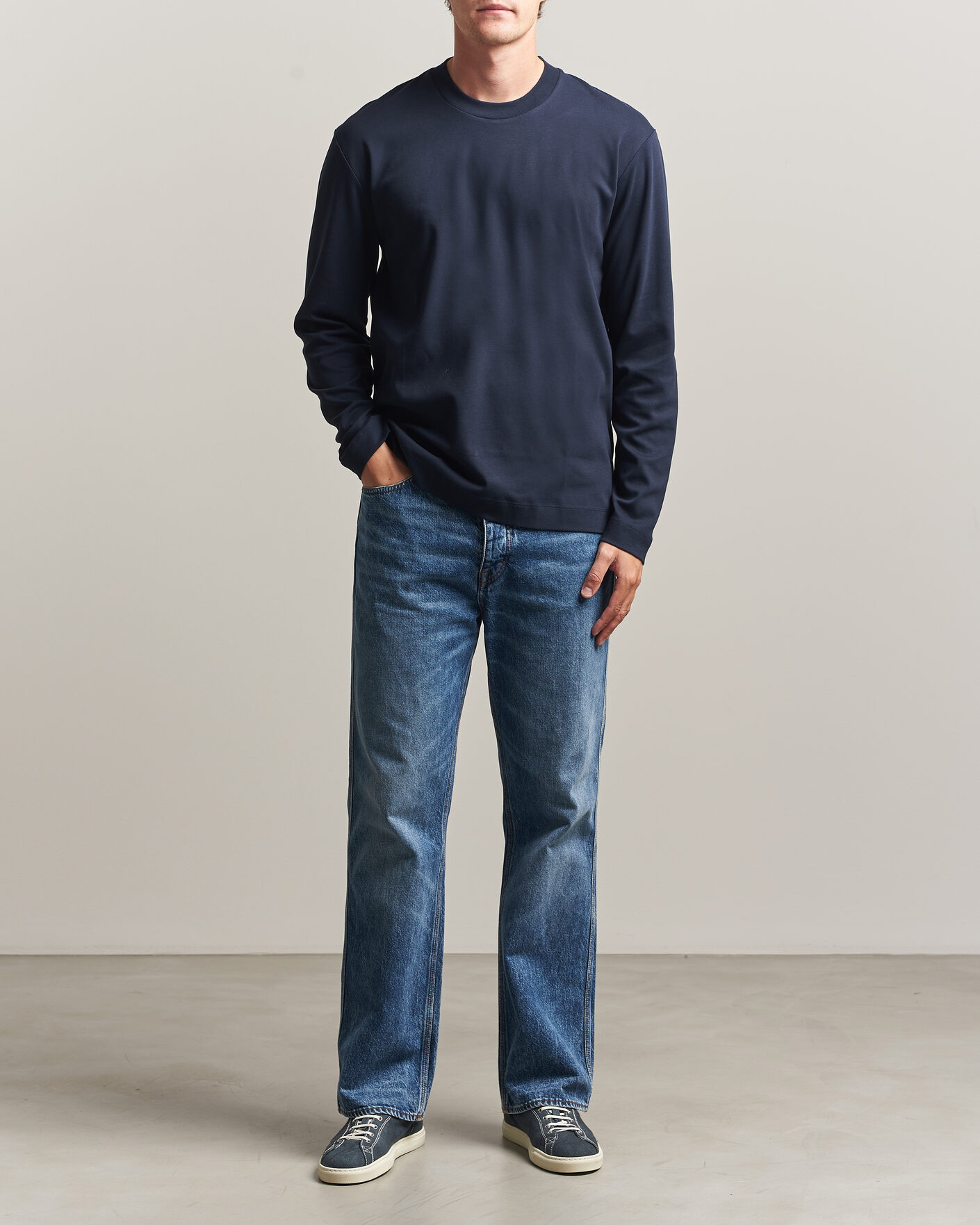 Heren | T-shirts | Sunspel | Heavy Weight Supima Cotton Long Sleeve T-Shirt Navy