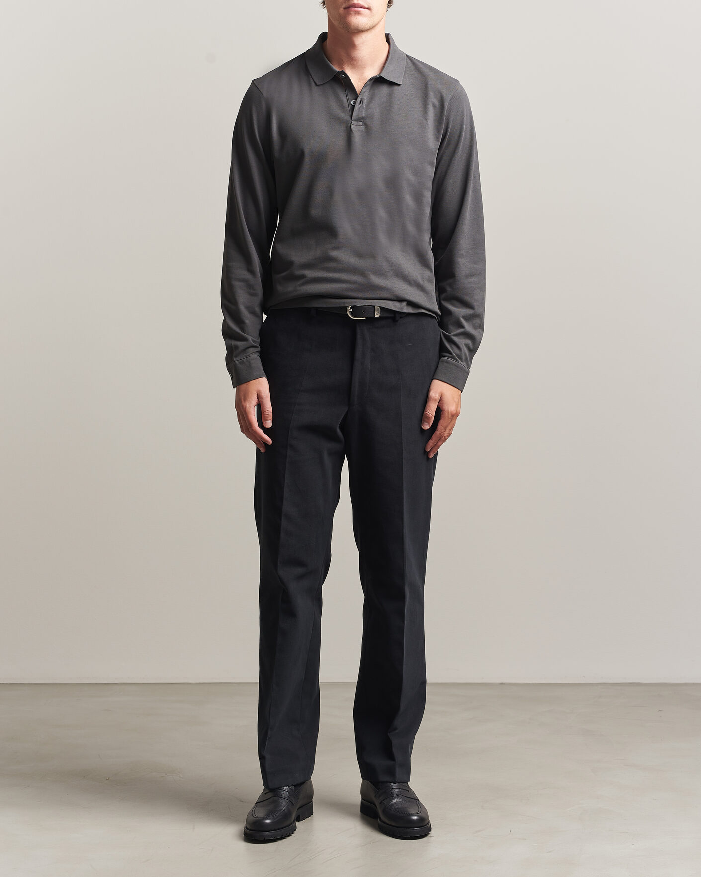 Heren | Polo's | Sunspel | Supima Cotton Long Sleeve Pique Polo Anthracite