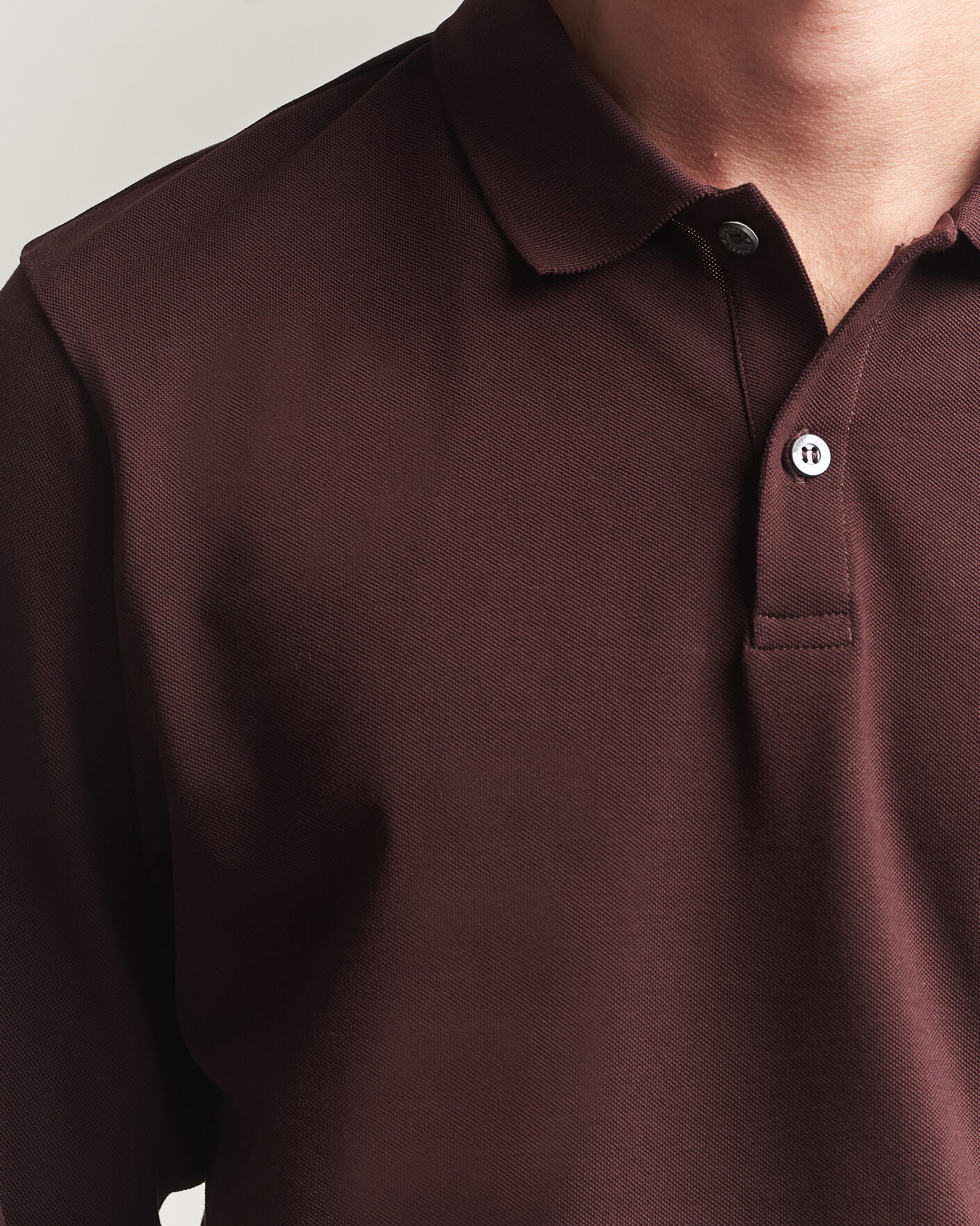 Heren | Polo's | Sunspel | Supima Cotton Long Sleeve Pique Polo Dark Brown