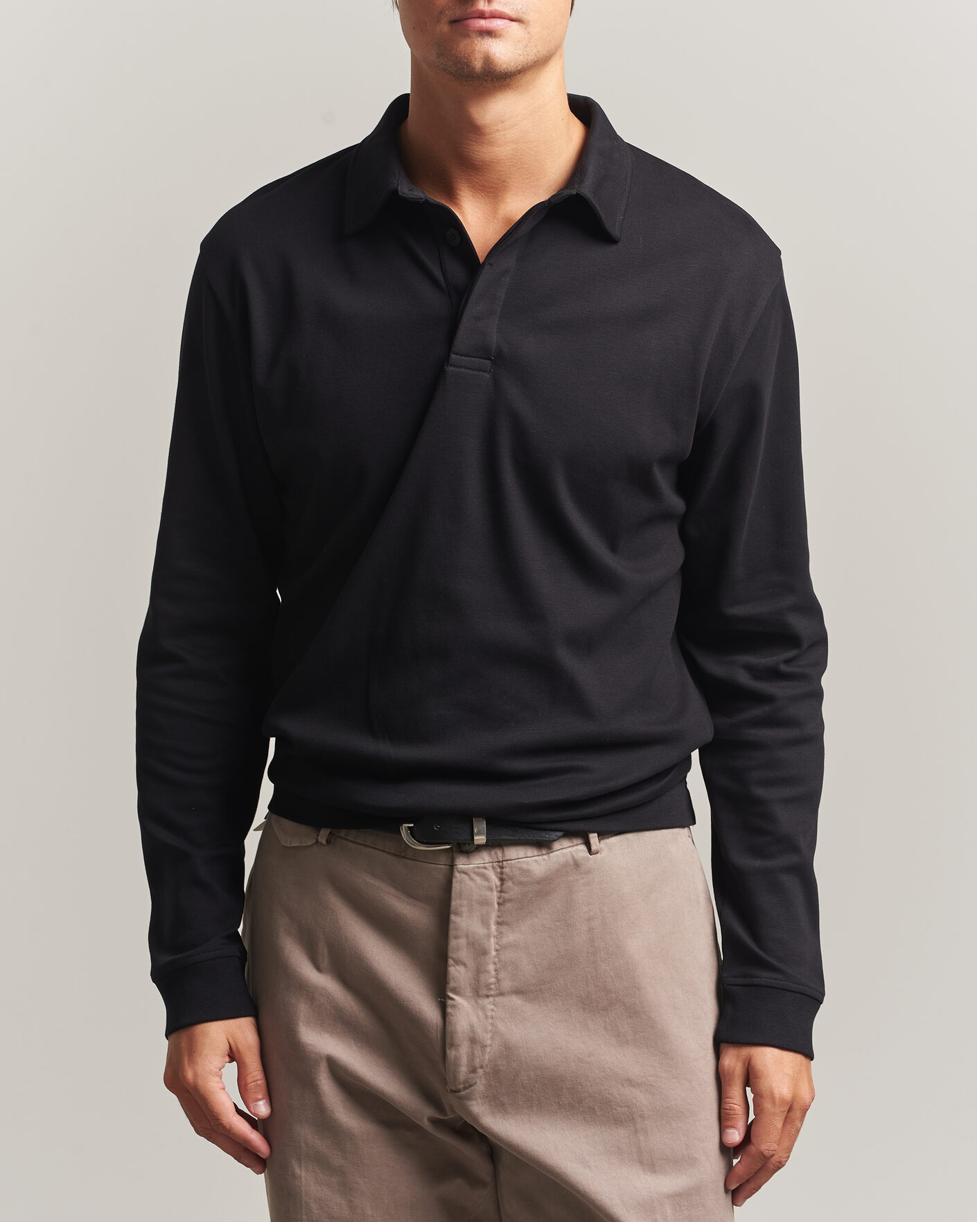 Homme | Polos | Sunspel | Heavy Weight Supima Cotton Long Sleeve Polo Black