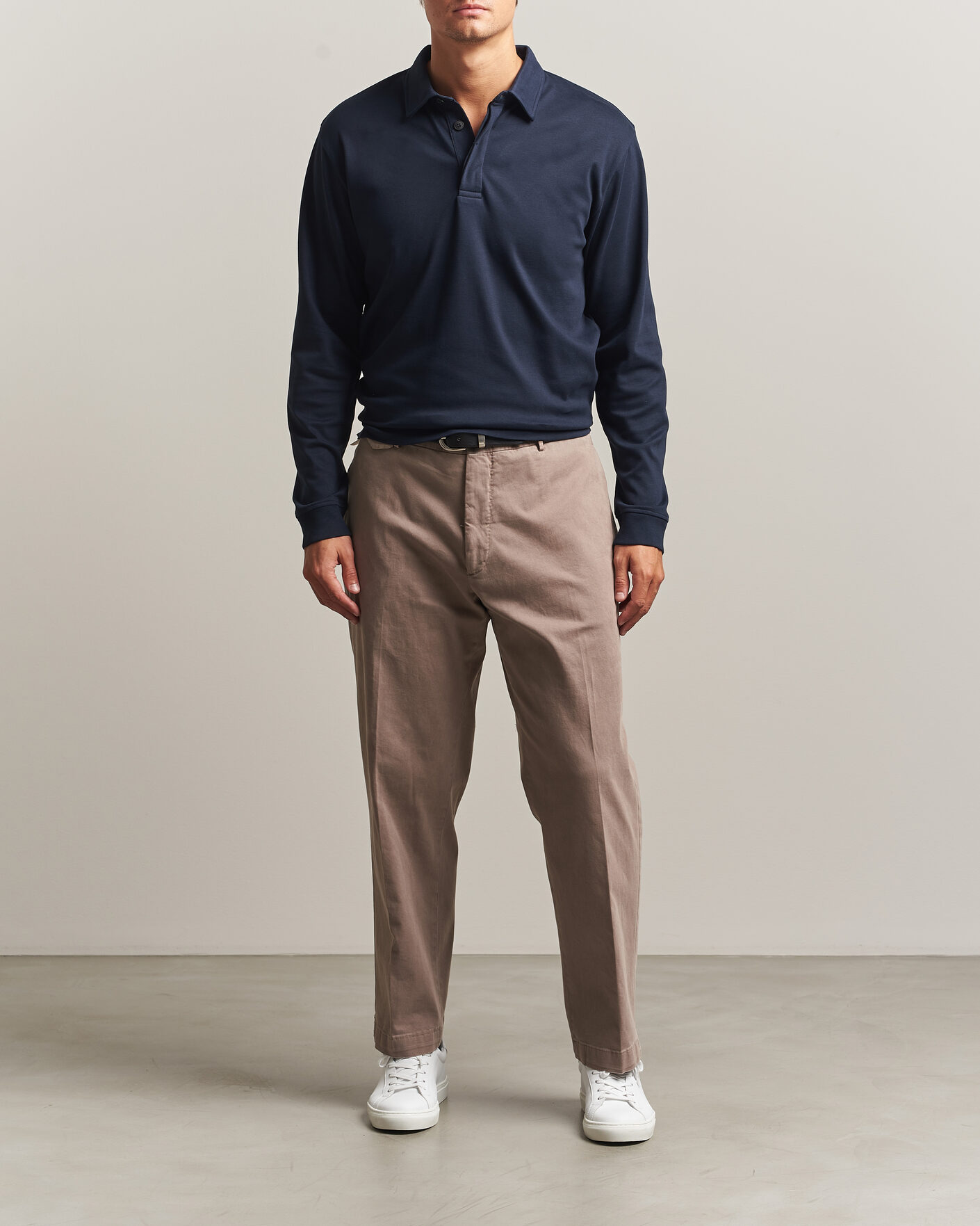 Homme | Polos | Sunspel | Heavy Weight Supima Cotton Long Sleeve Polo Navy