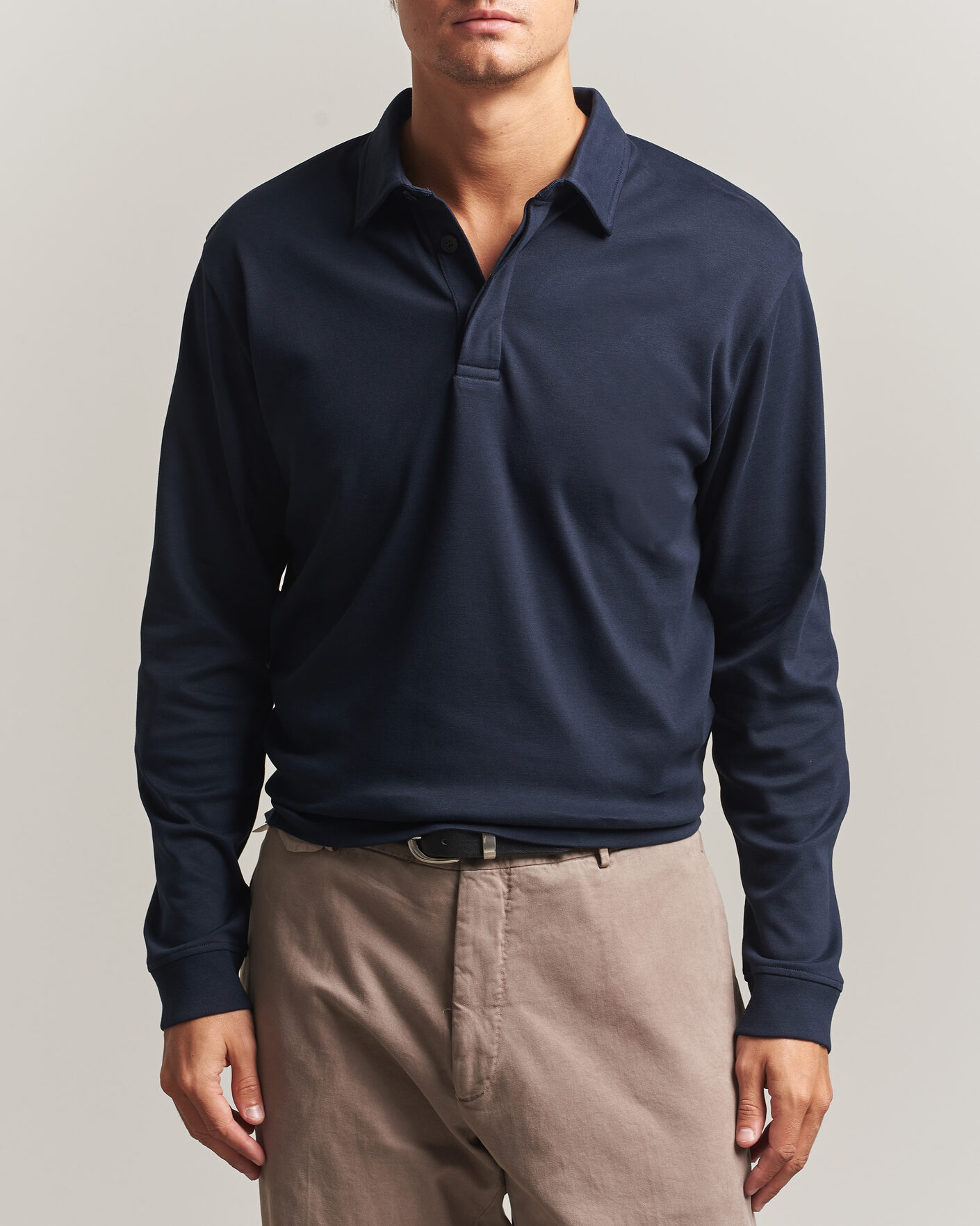 Homme | Polos | Sunspel | Heavy Weight Supima Cotton Long Sleeve Polo Navy