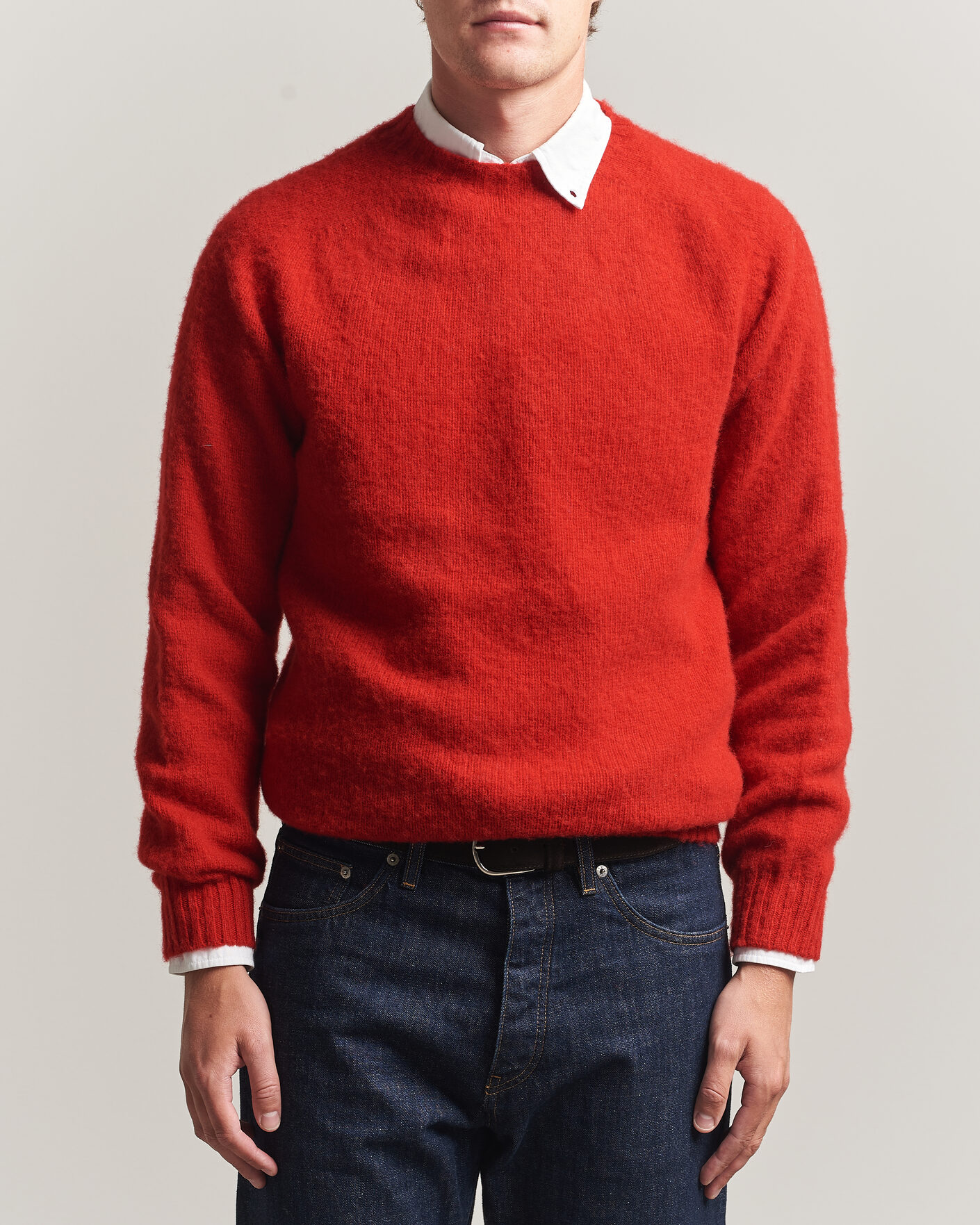 Heren | Truien | Harley Of Scotland | Brushed Supersoft Lambswool Crewneck Cardinal